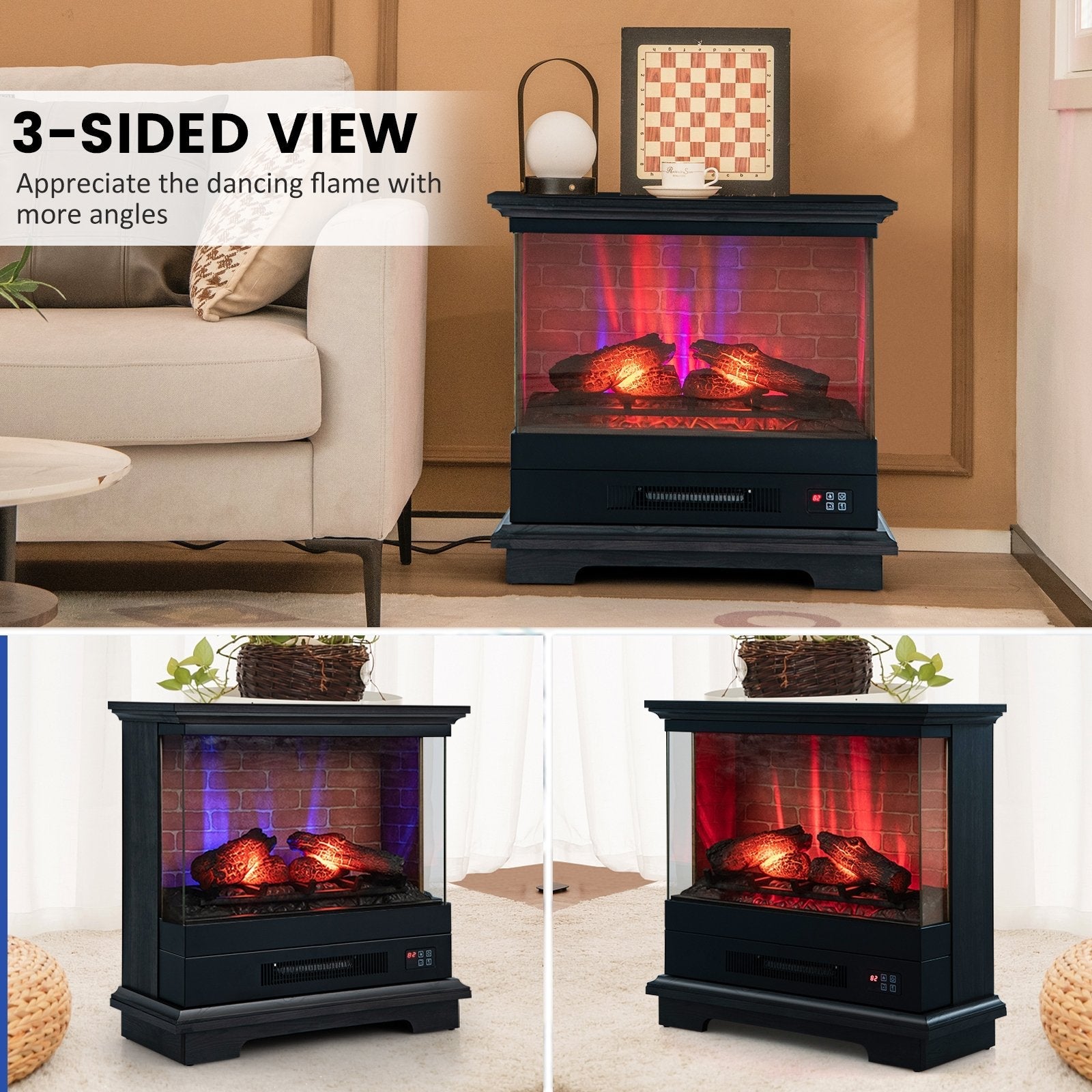 27 Inch Freestanding Fireplace with Remote Control, Black Fireplaces   at Gallery Canada