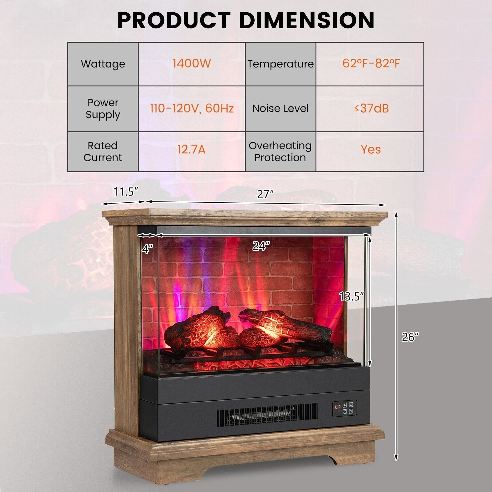 27 Inch Freestanding Fireplace with Remote Control, Brown Fireplaces   at Gallery Canada