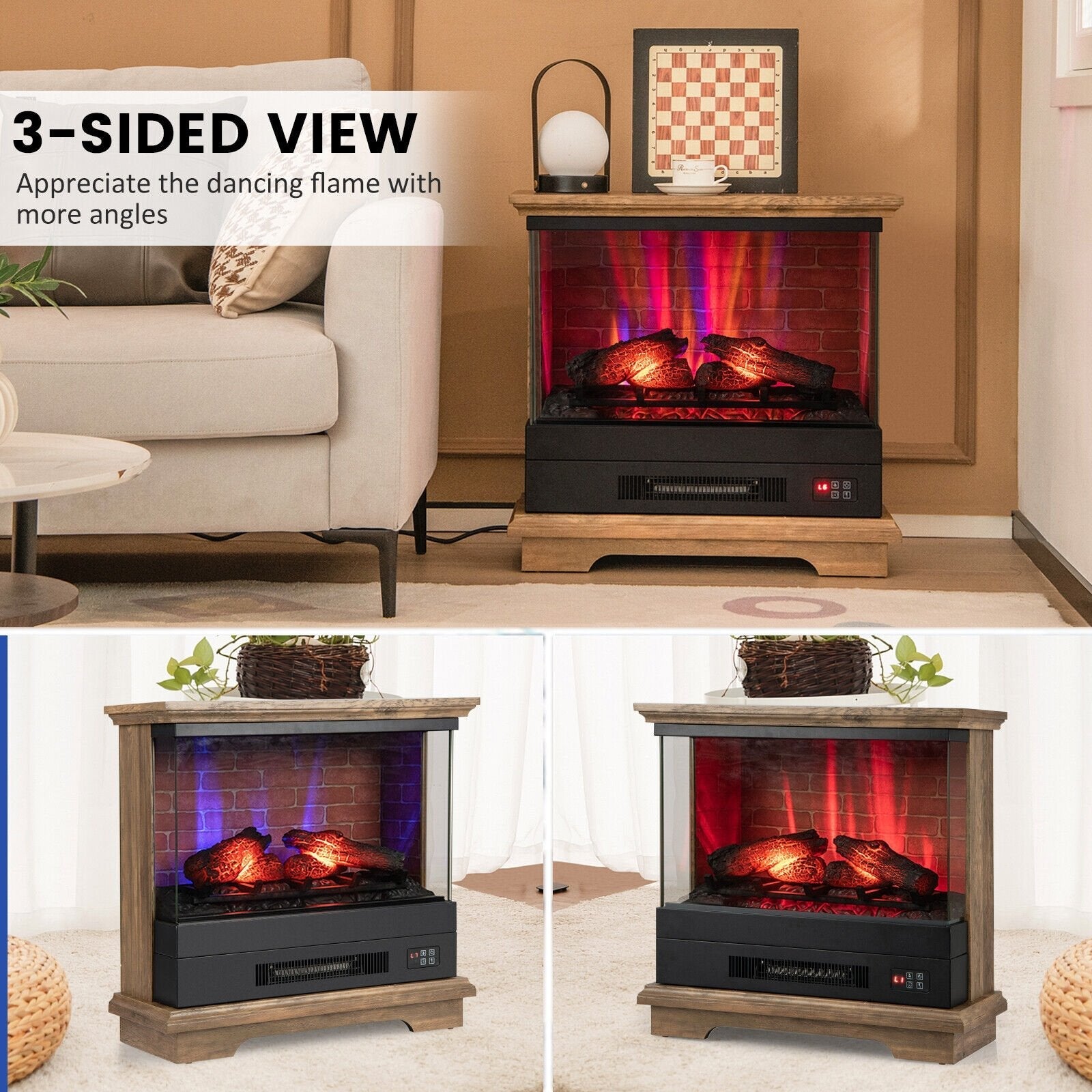 27 Inch Freestanding Fireplace with Remote Control, Brown Fireplaces   at Gallery Canada