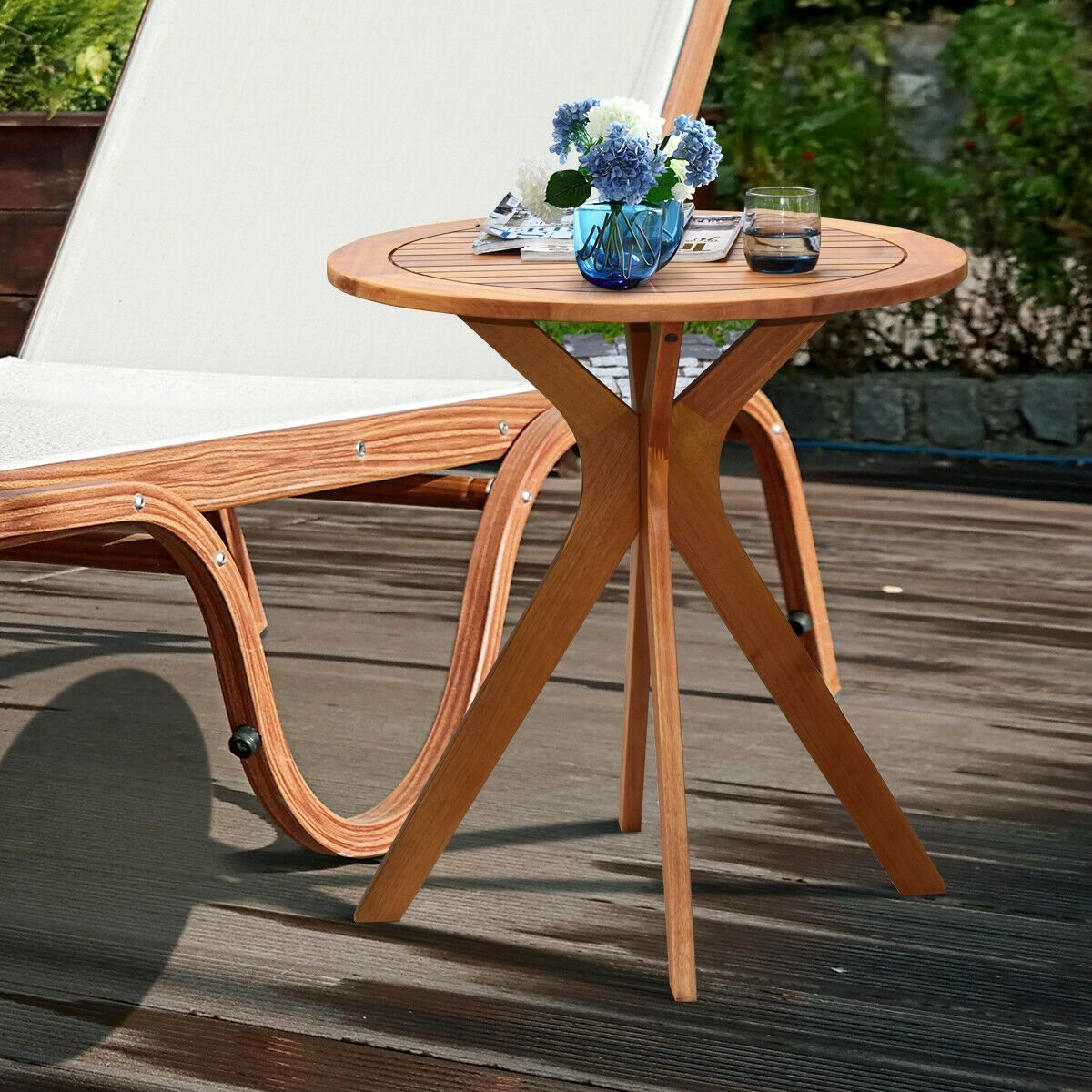 27 Inch Outdoor Round Solid Wood Coffee Side Bistro Table, Brown Patio Dining Tables   at Gallery Canada