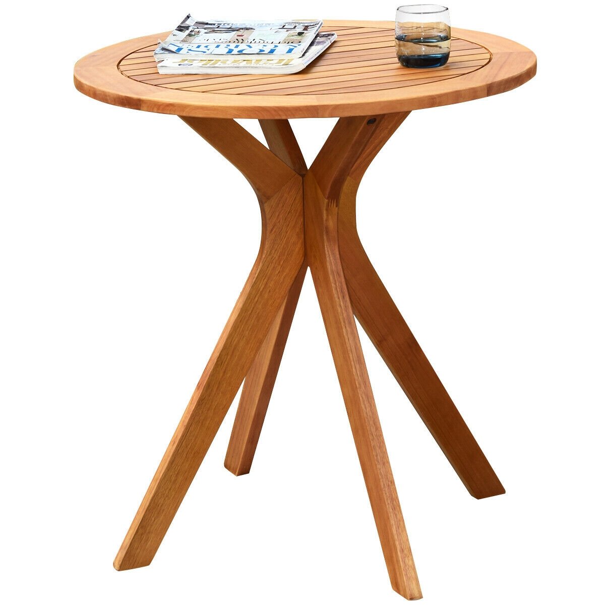 27 Inch Outdoor Round Solid Wood Coffee Side Bistro Table, Brown Patio Dining Tables   at Gallery Canada