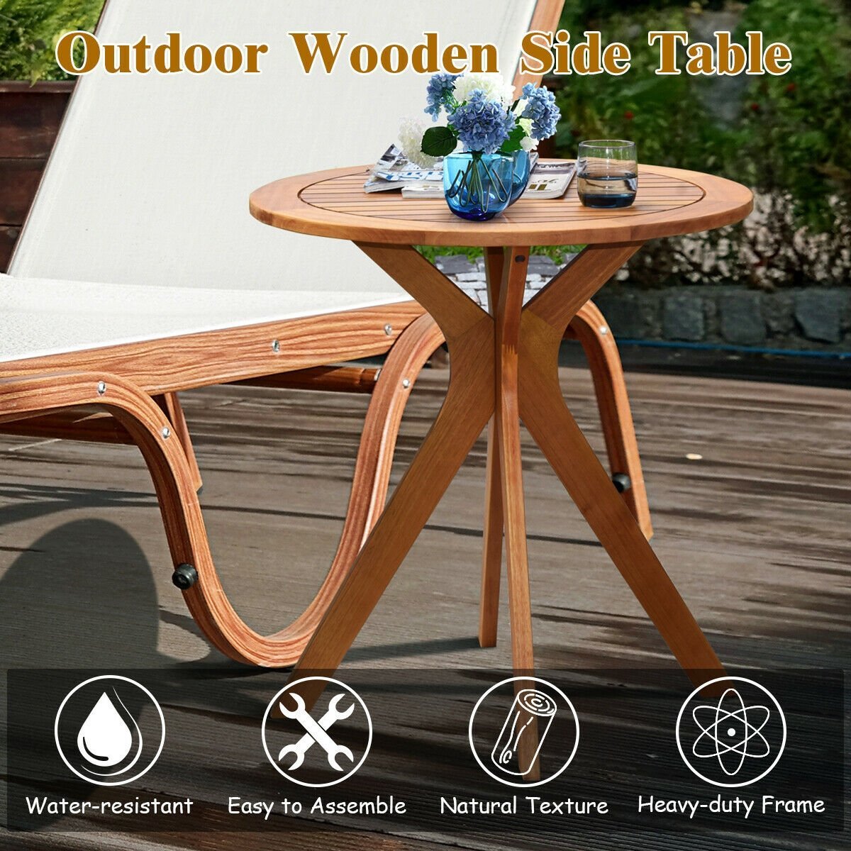 27 Inch Outdoor Round Solid Wood Coffee Side Bistro Table, Brown Patio Dining Tables   at Gallery Canada