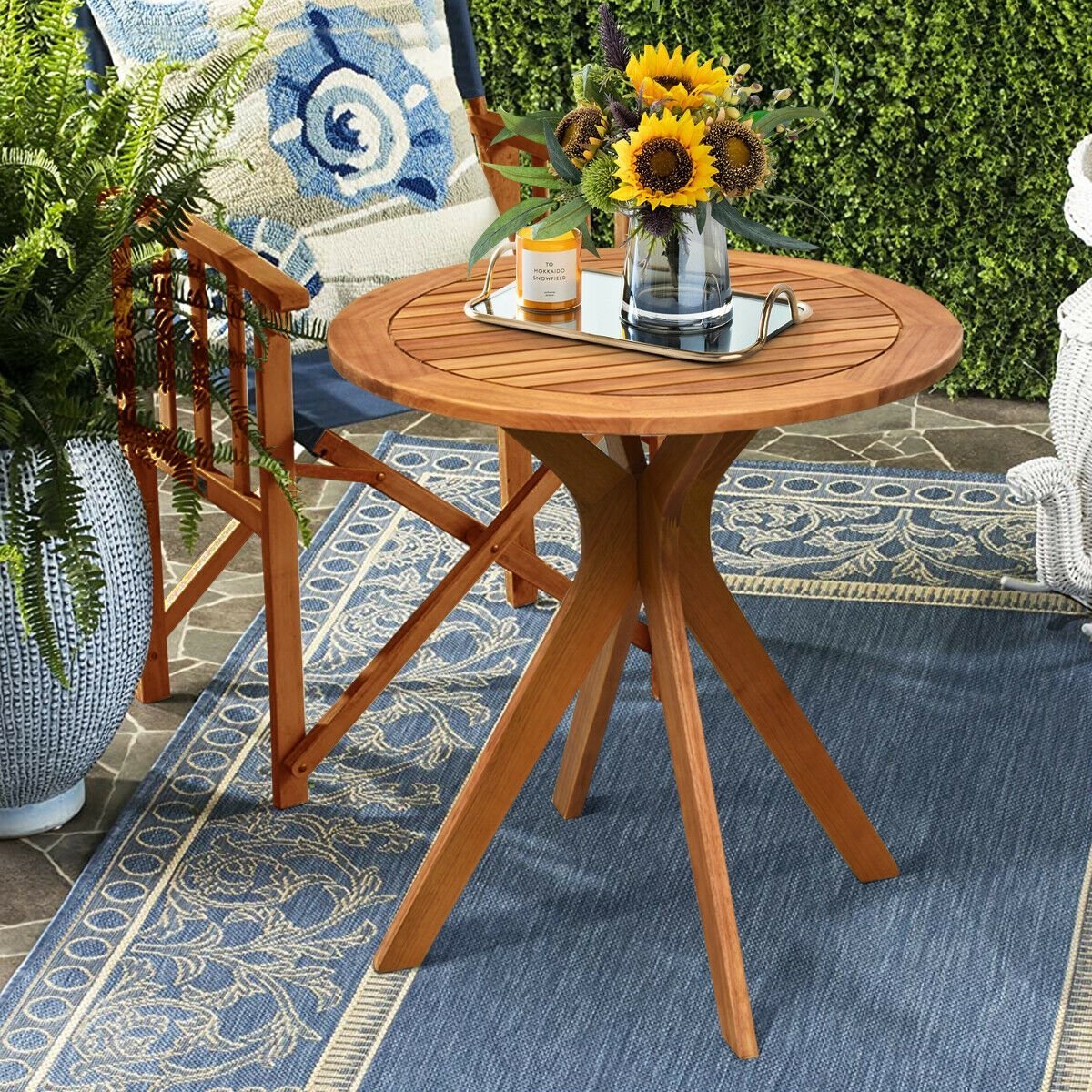 27 Inch Outdoor Round Solid Wood Coffee Side Bistro Table, Brown Patio Dining Tables   at Gallery Canada