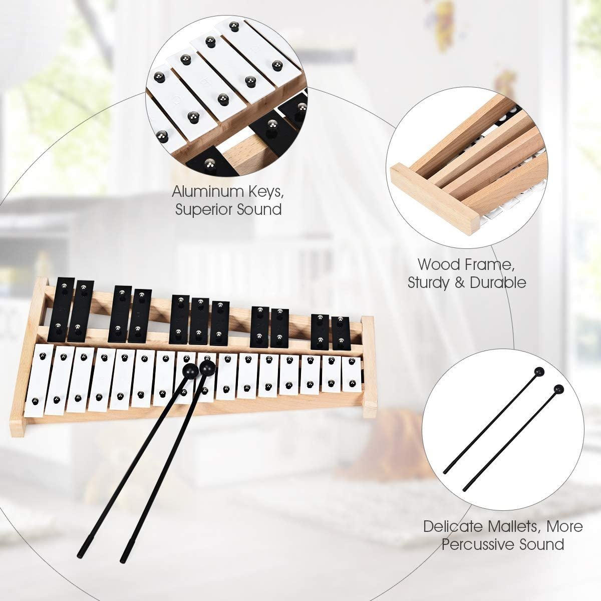 27 Note Glockenspiel Xylophone with 2 Rubber Mallets, Black & White Drums & Percussion   at Gallery Canada