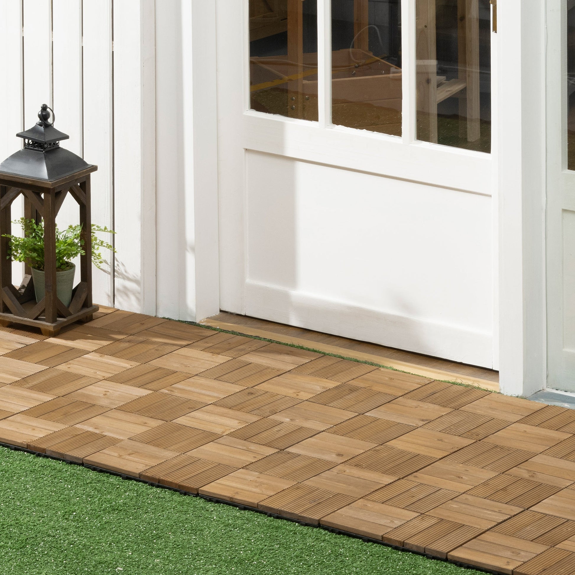 27 Pcs Wood Interlocking Deck Tiles, 12 x 12in Outdoor Flooring Tiles for Indoor and Outdoor Use, Tools Free Assembly, Brown Deck Tiles   at Gallery Canada