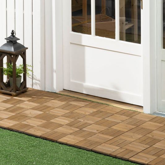 27 Pcs Wood Interlocking Deck Tiles, 12 x 12in Outdoor Flooring Tiles for Indoor and Outdoor Use, Tools Free Assembly, Brown Deck Tiles Brown  at Gallery Canada