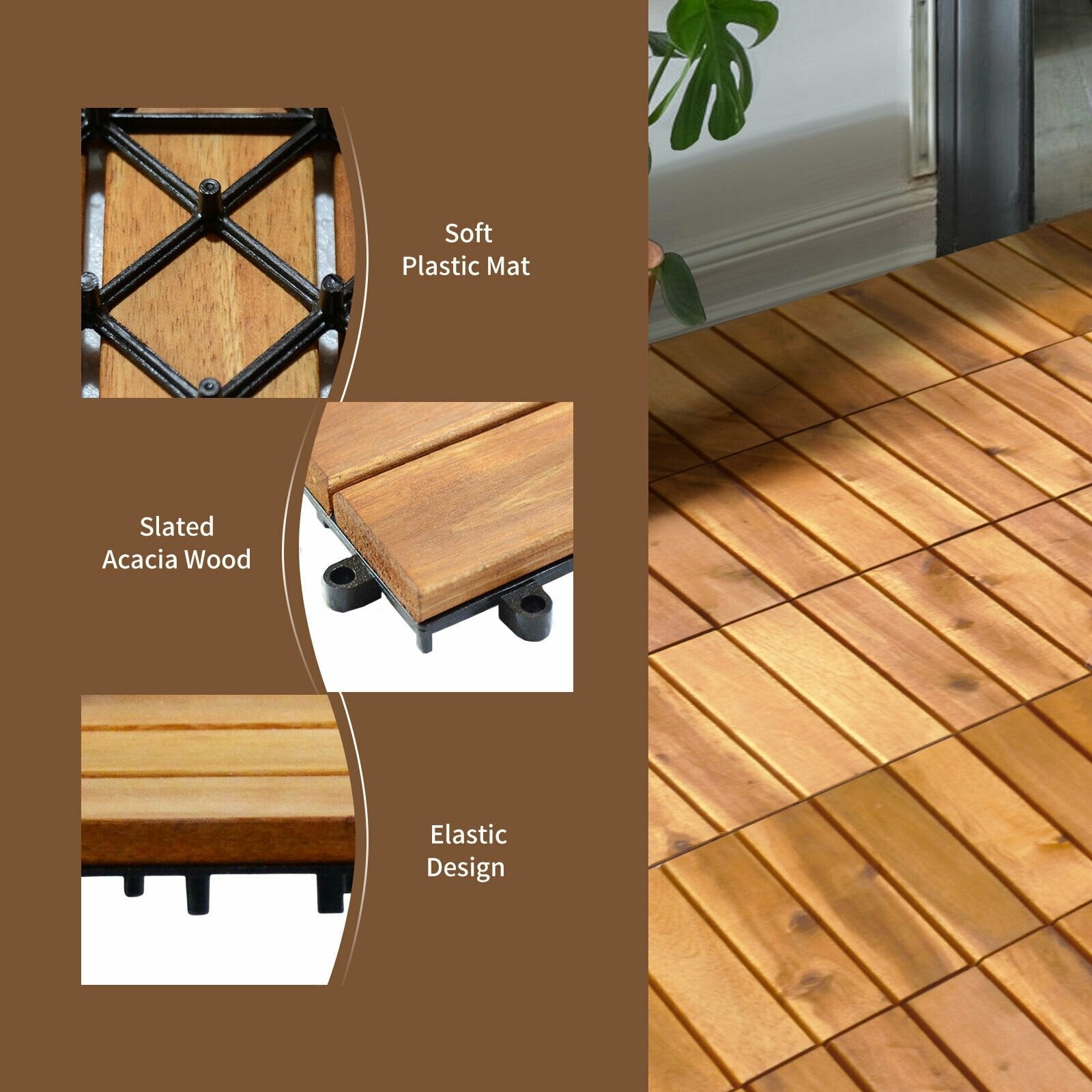 27 Pieces Acacia Wood Interlocking Patio Deck Tile, Natural Decorative Fencing & Flooring   at Gallery Canada