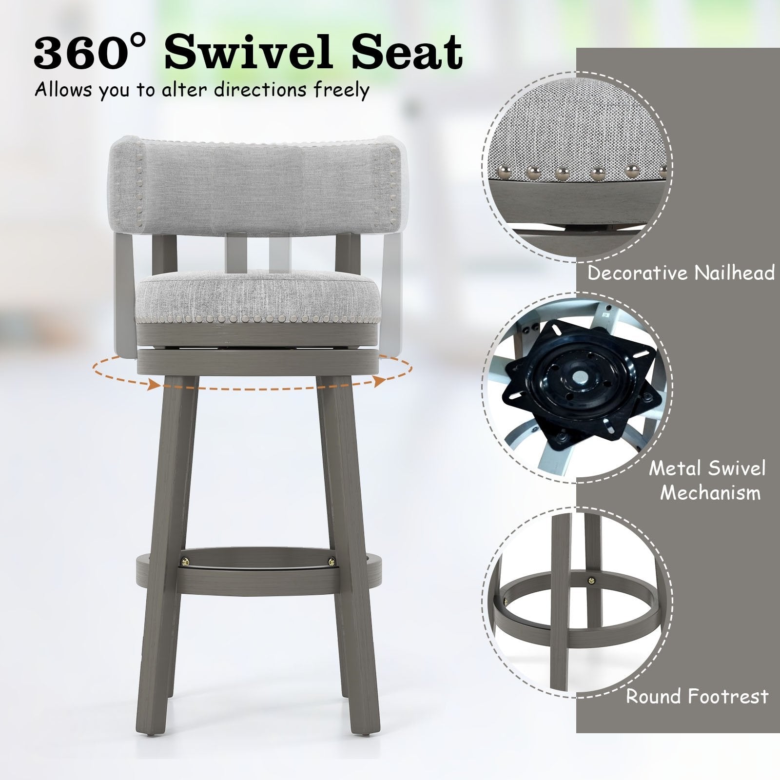 27/31 Inch Swivel Bar Stool with Upholstered Back Seat and Footrest-27 inches, Gray Bar Stools   at Gallery Canada