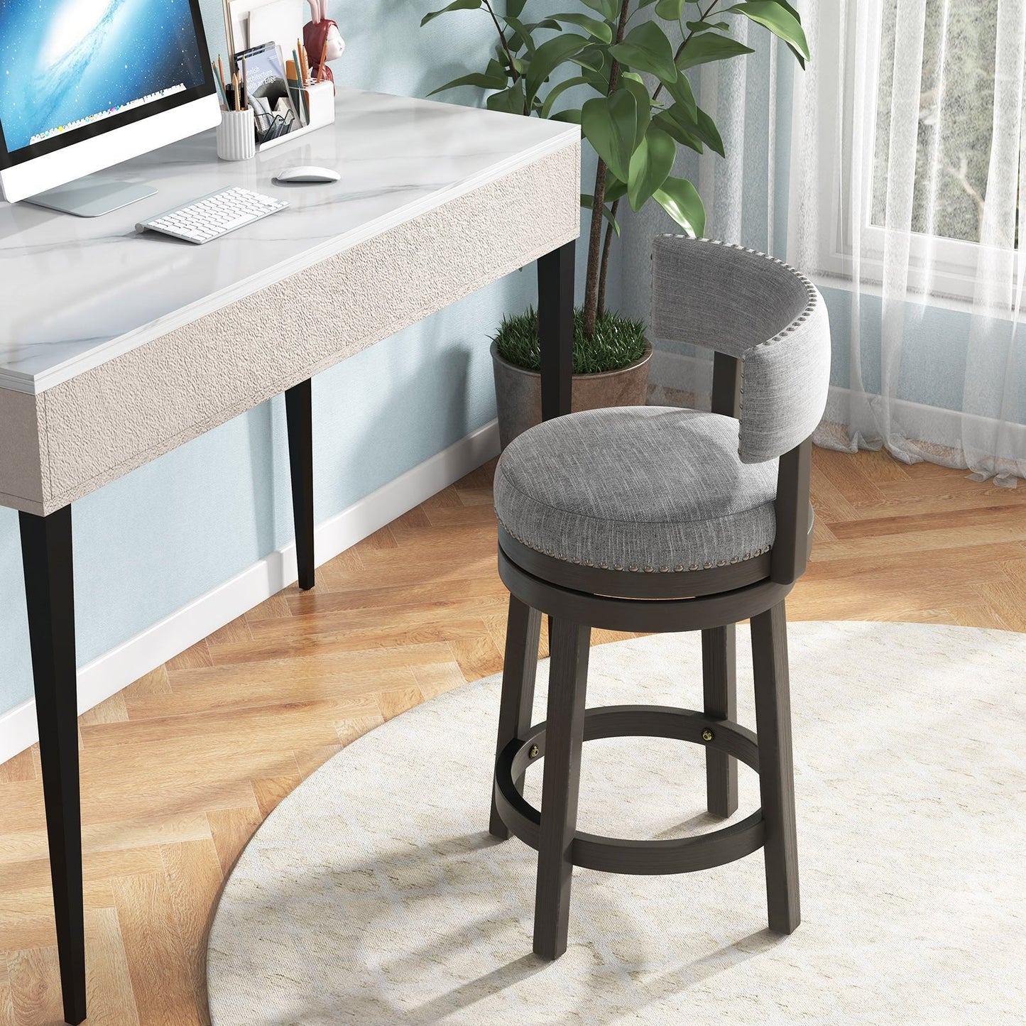 27/31 Inch Swivel Bar Stool with Upholstered Back Seat and Footrest-27 inches, Gray Bar Stools   at Gallery Canada