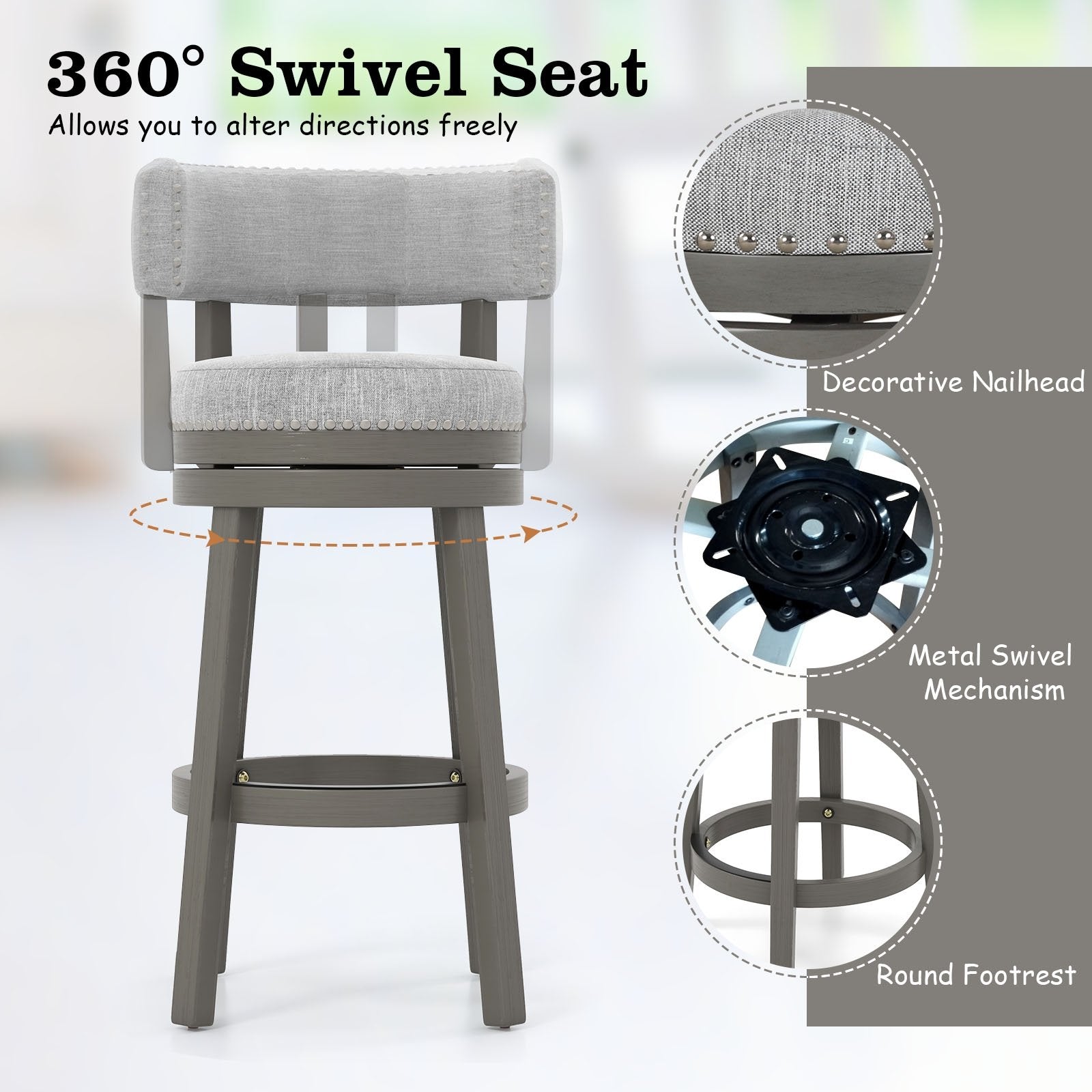 27/31 Inch Swivel Bar Stool with Upholstered Back Seat and Footrest-31 inches Bar Stools   at Gallery Canada