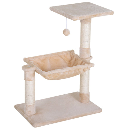 27.5" Cat Tree Hammock with 3 Natural Sisal Scratching Post, Teasing Toy - Beige Cat Posts Beige  at Gallery Canada