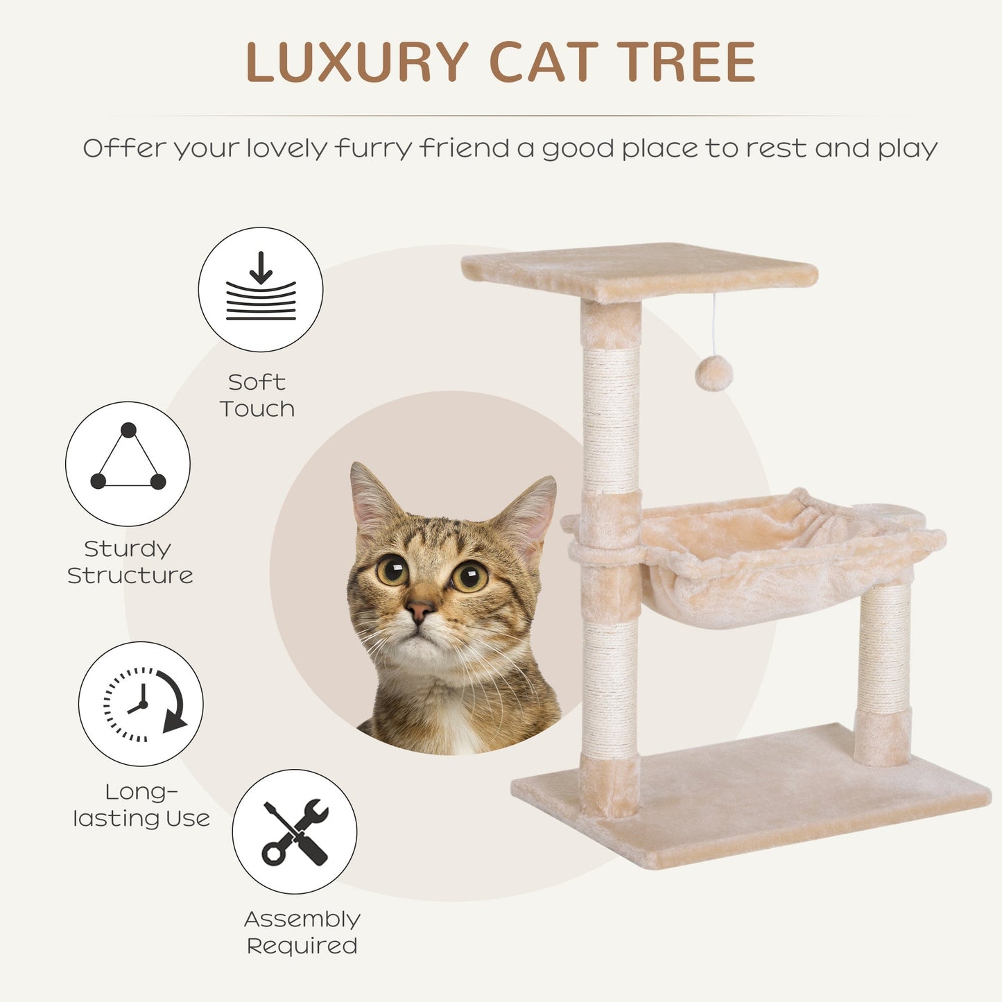 27.5" Cat Tree Hammock with 3 Natural Sisal Scratching Post, Teasing Toy - Beige Cat Posts   at Gallery Canada