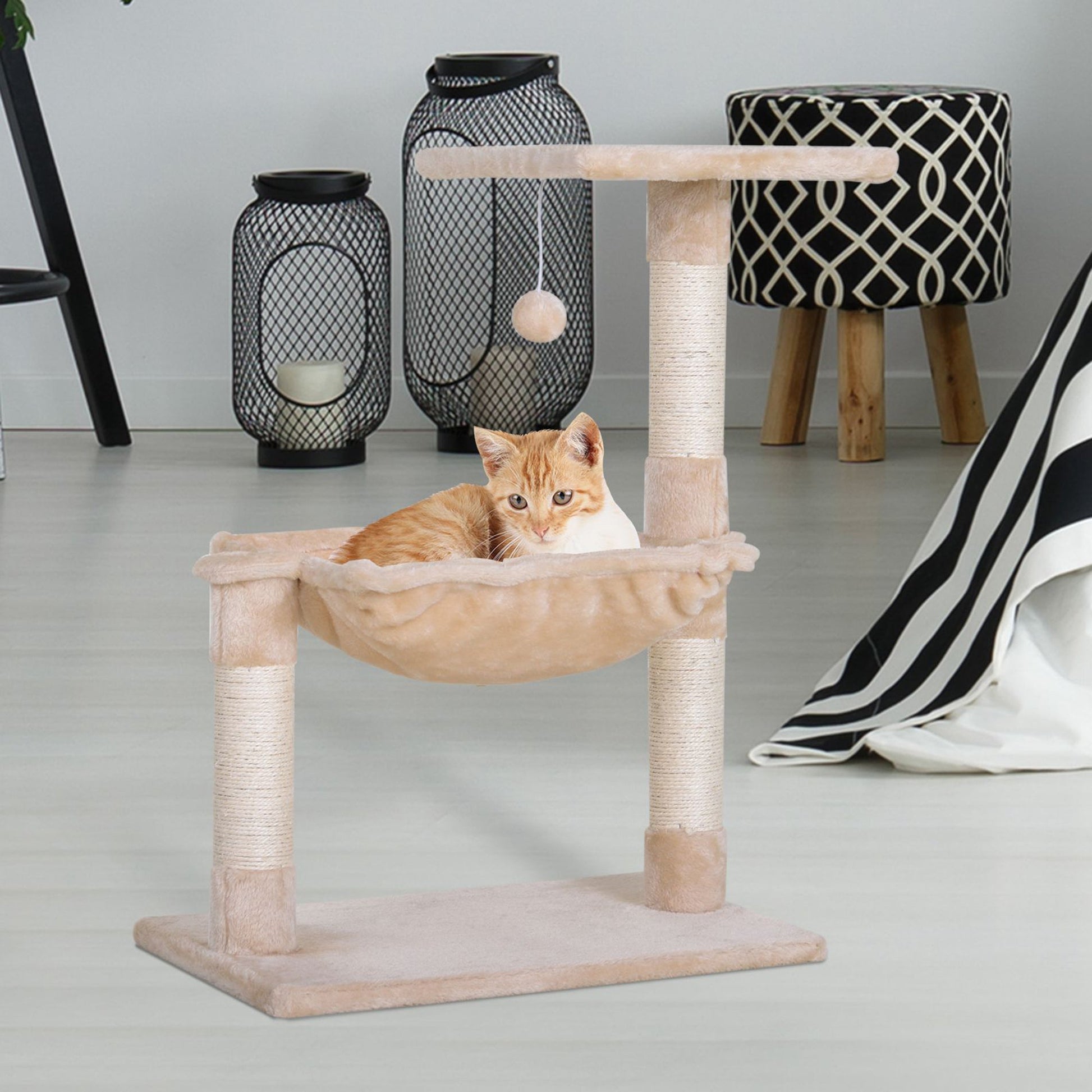 27.5" Cat Tree Hammock with 3 Natural Sisal Scratching Post, Teasing Toy - Beige Cat Posts   at Gallery Canada