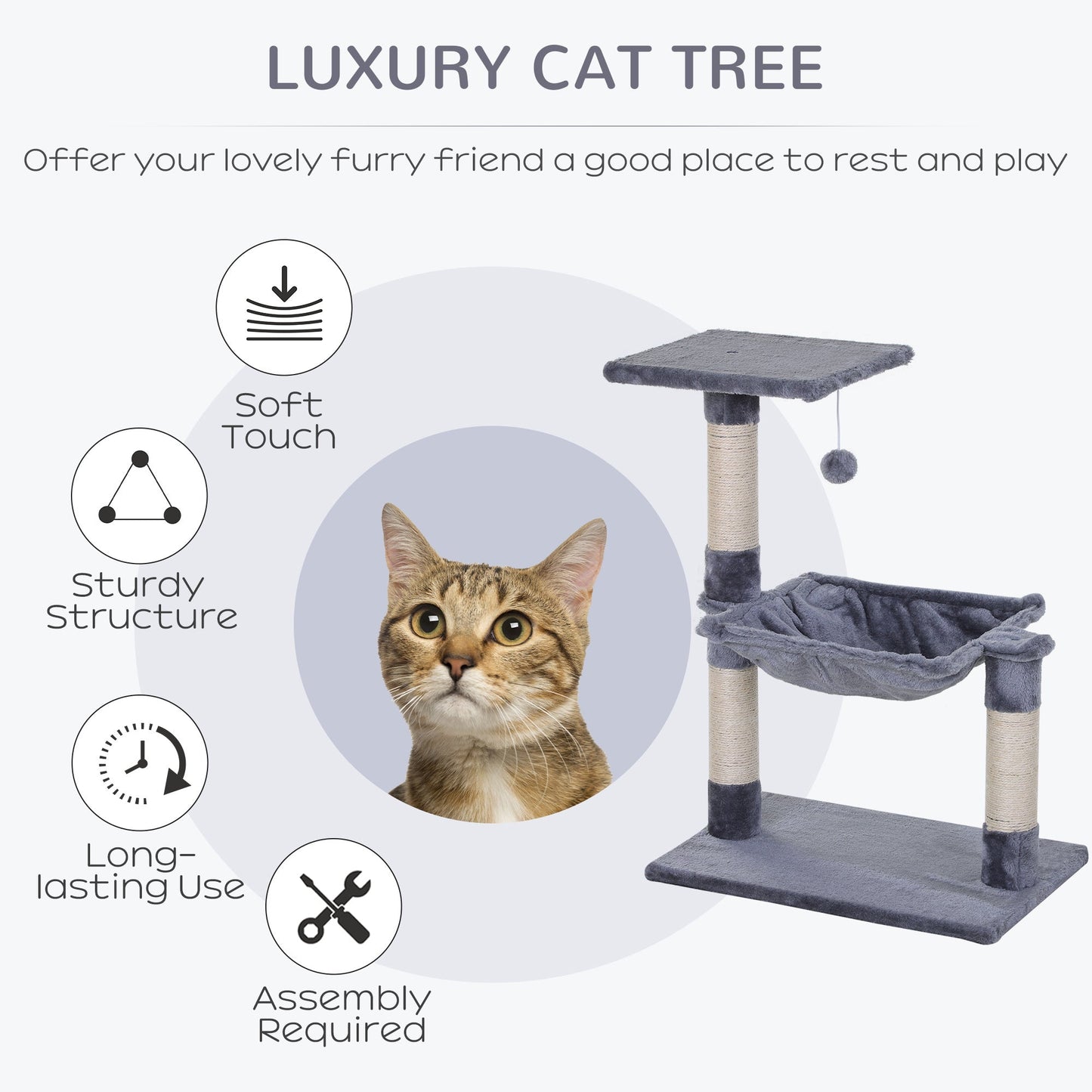 27.5" Cat Tree Tower Kitten House Condo Furniture Hammock Bed with Natural Sisal Scratching Post Teasing Toy, Light Grey Cat Posts   at Gallery Canada