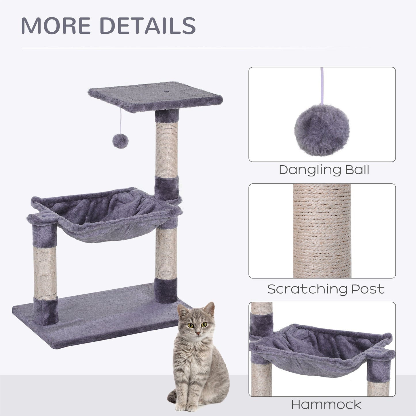 27.5" Cat Tree Tower Kitten House Condo Furniture Hammock Bed with Natural Sisal Scratching Post Teasing Toy, Light Grey Cat Posts   at Gallery Canada