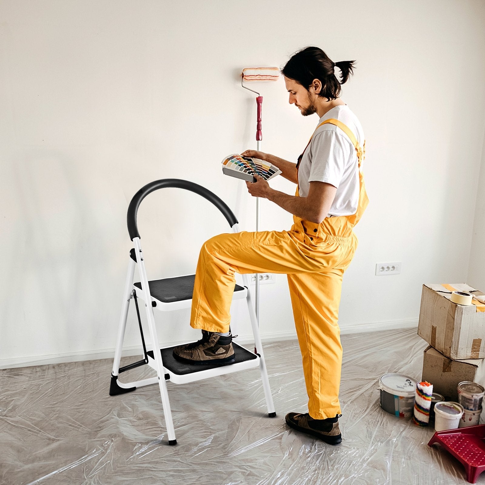 2.75 Feet Folding Step Stool with Iron Frame and Anti-Slip Pedals for 330lbs Capacity, Black Ladders   at Gallery Canada