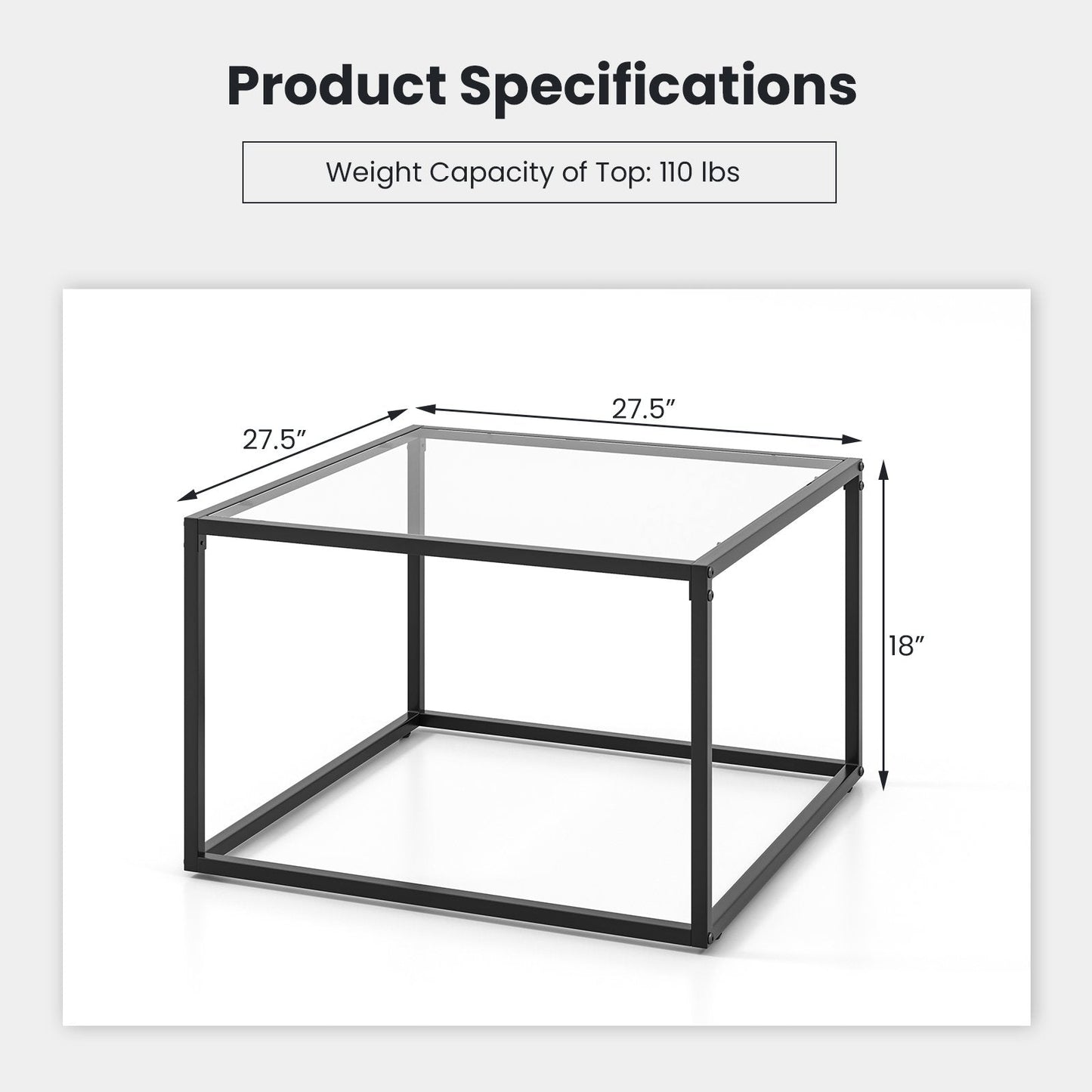 27.5 Inch Home Square Tea Table with Heavy-duty Metal Frame, Black Coffee Tables   at Gallery Canada