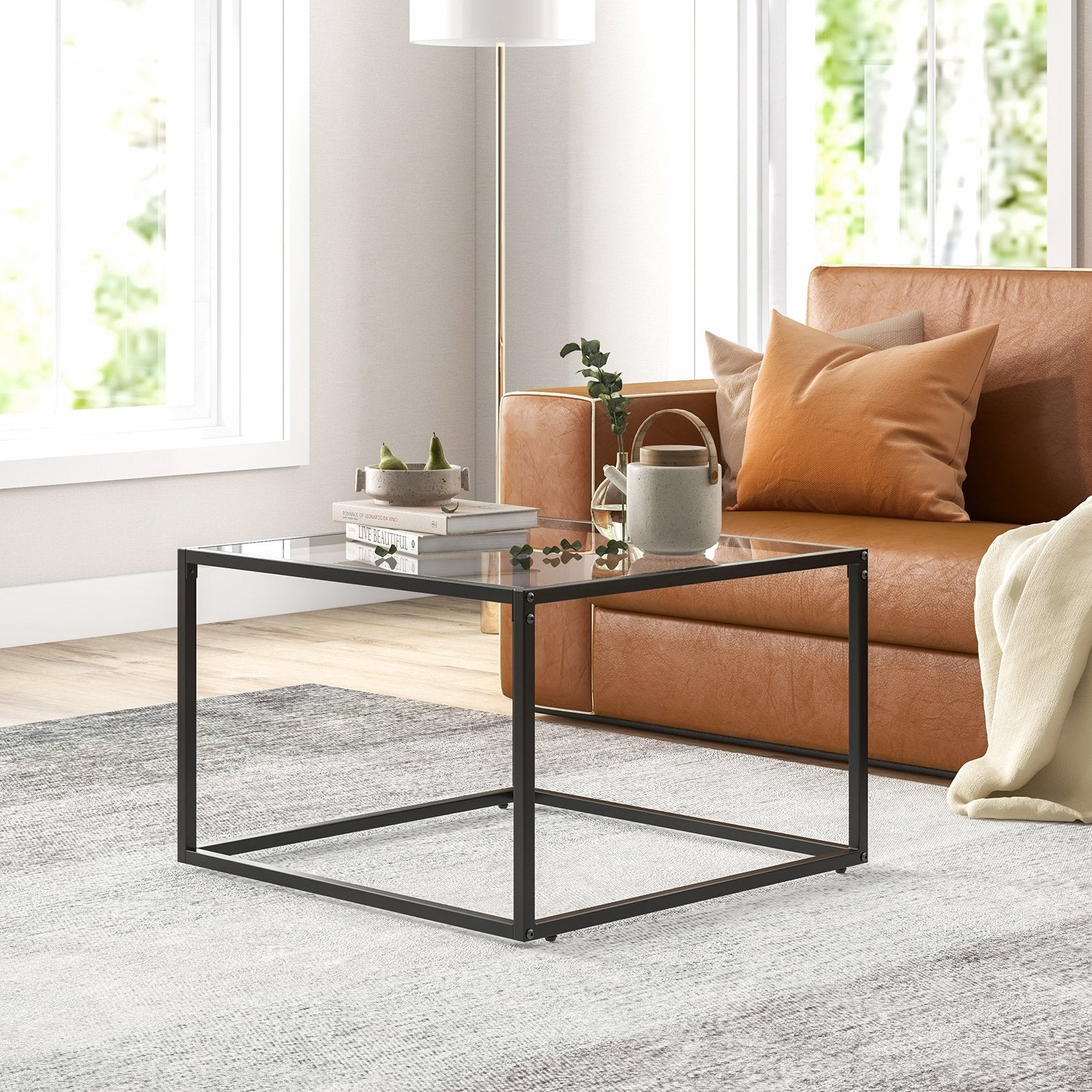 27.5 Inch Home Square Tea Table with Heavy-duty Metal Frame, Black Coffee Tables   at Gallery Canada