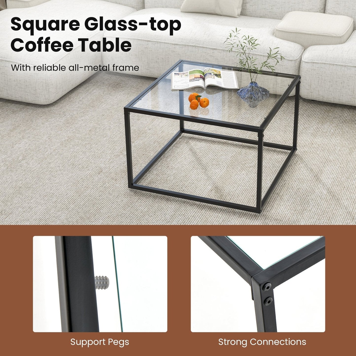 27.5 Inch Home Square Tea Table with Heavy-duty Metal Frame, Black Coffee Tables   at Gallery Canada