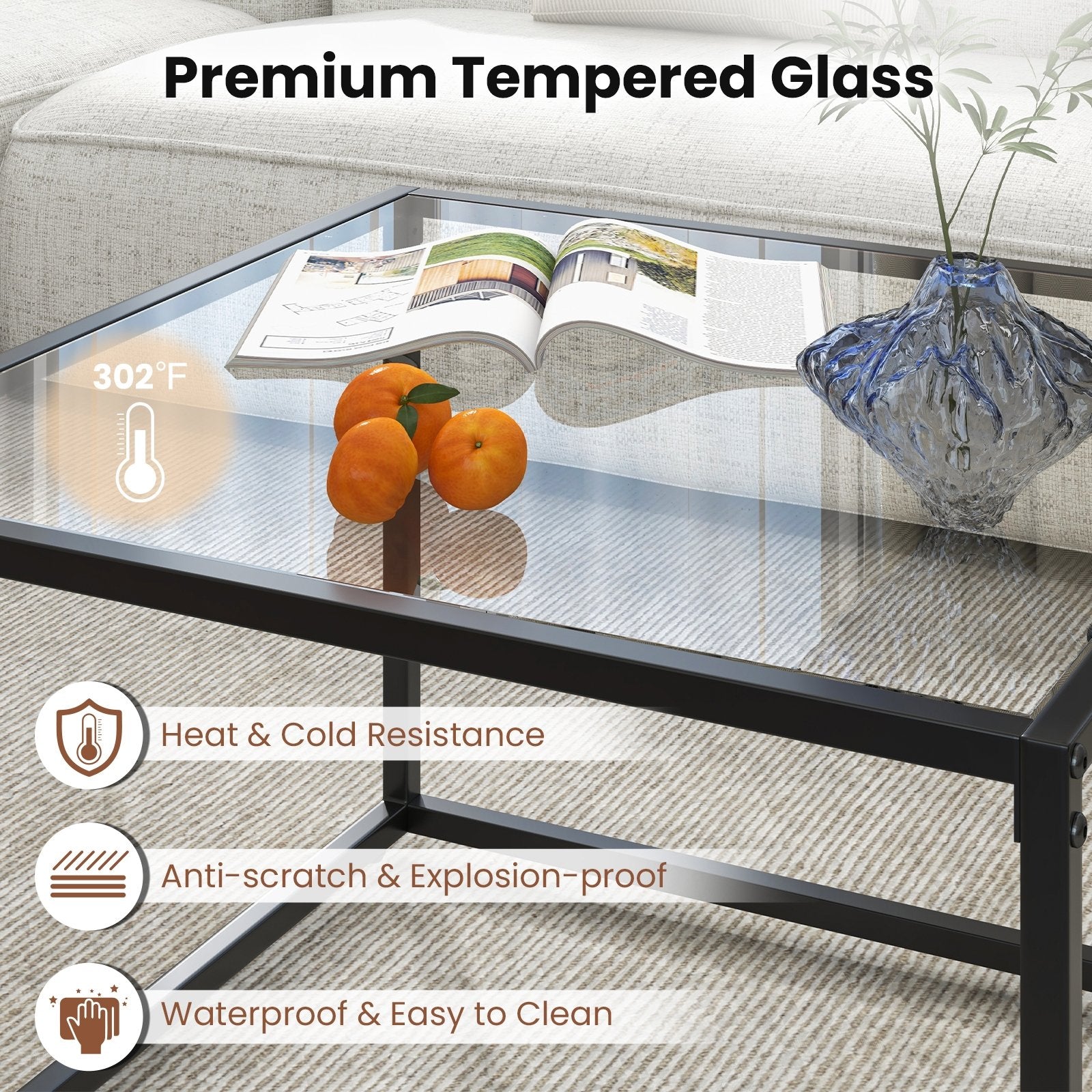 27.5 Inch Home Square Tea Table with Heavy-duty Metal Frame, Black Coffee Tables   at Gallery Canada