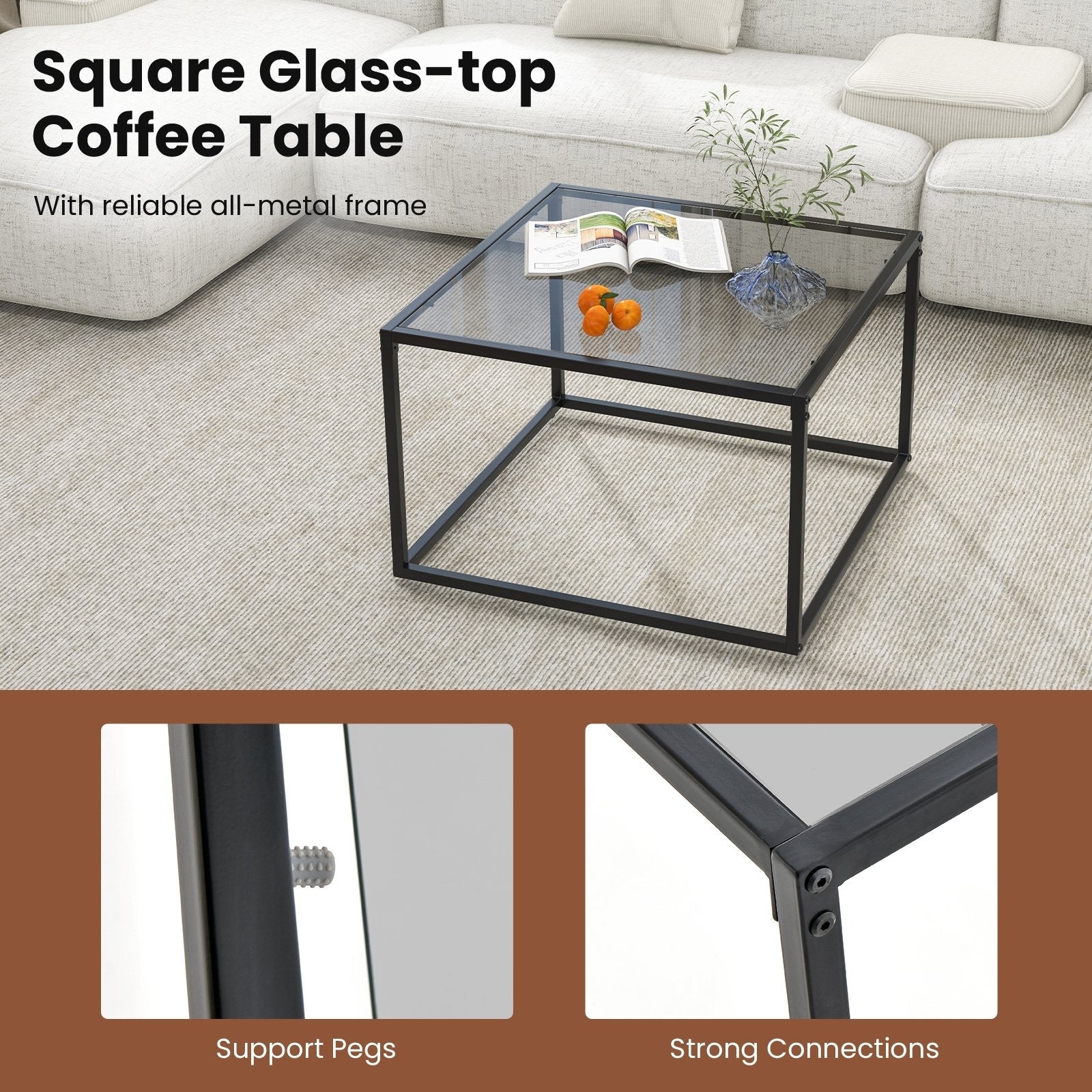 27.5 Inch Home Square Tea Table with Heavy-duty Metal Frame, Gray Coffee Tables   at Gallery Canada