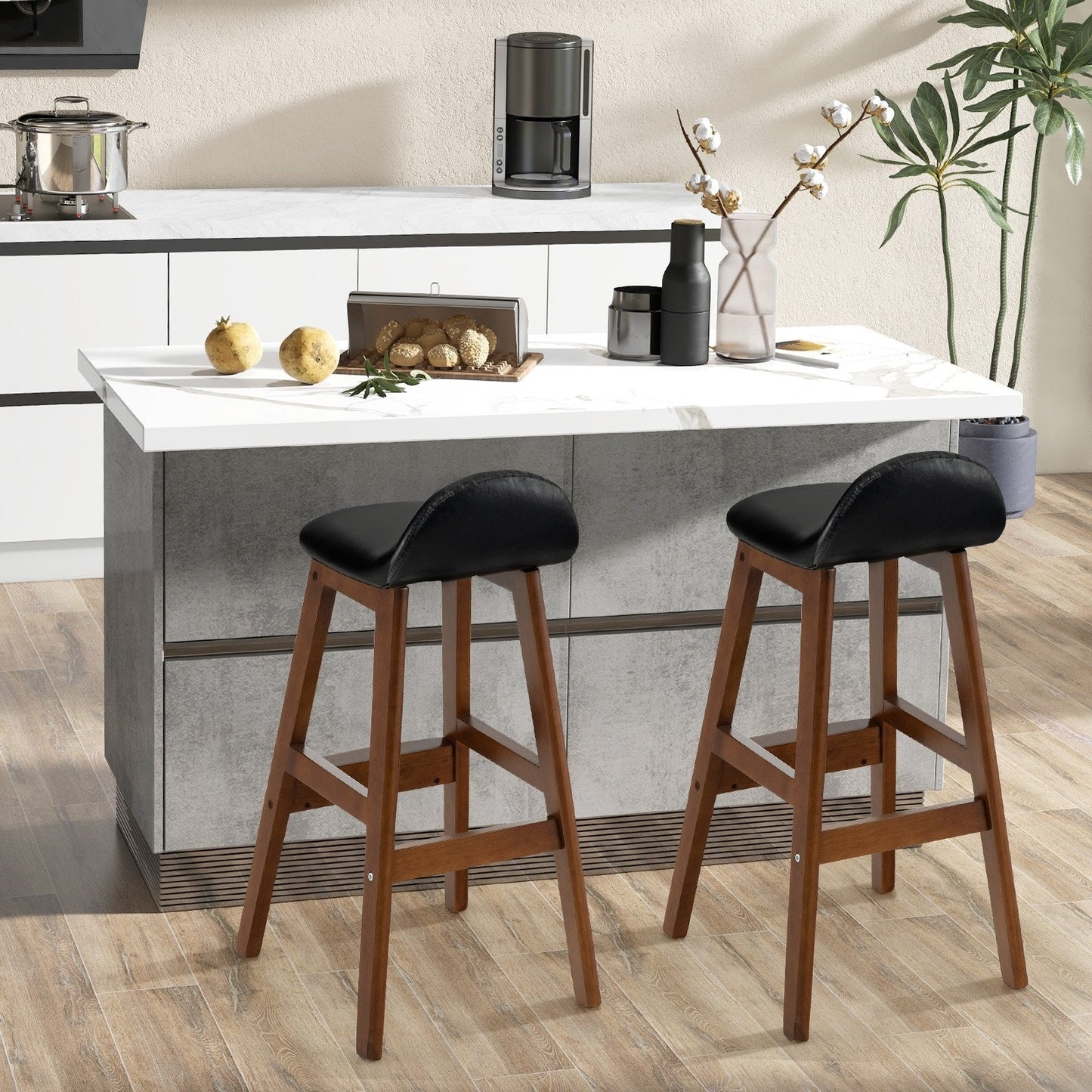 27.5 Inch Set of 2 Upholstered PU Leather Barstools with Back Cushion, Brown Bar Stools   at Gallery Canada