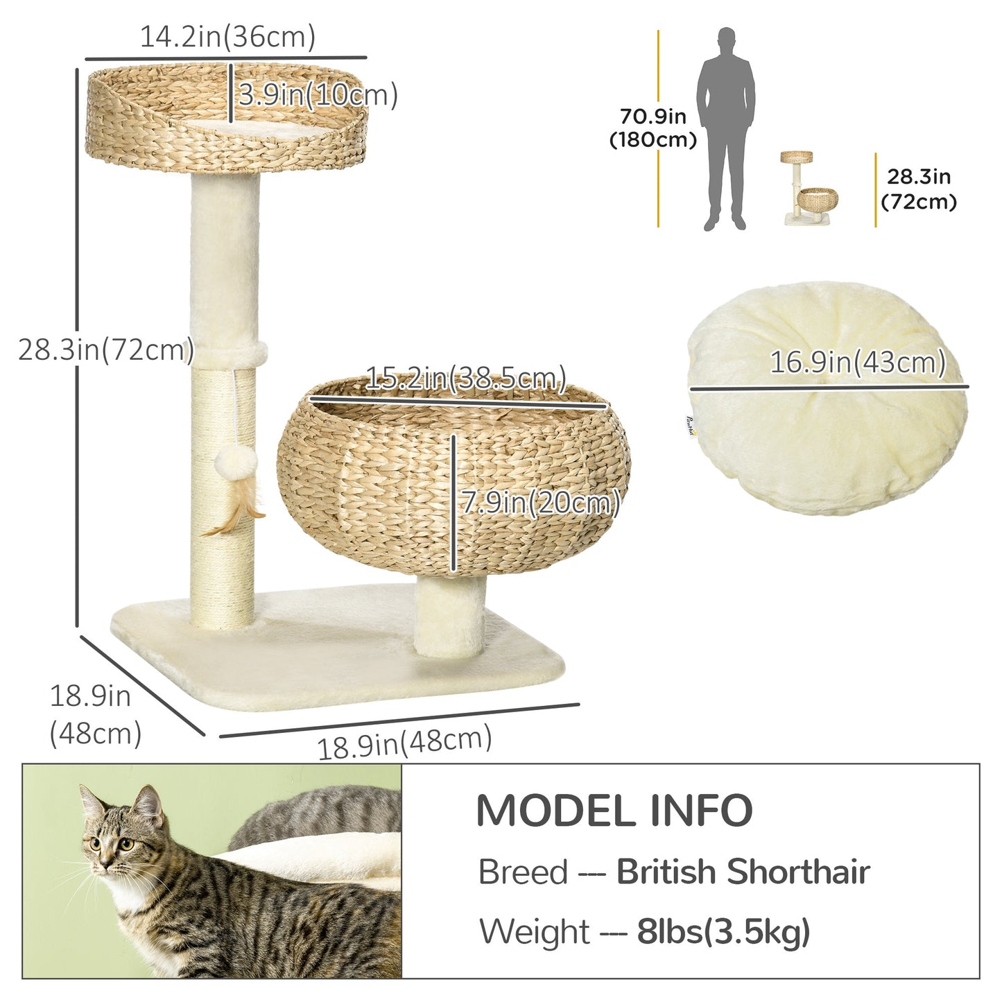 28" Cat Tree with Scratching Post, Cat Tower with Double Beds, Beige Cat Towers Beige  at Gallery Canada