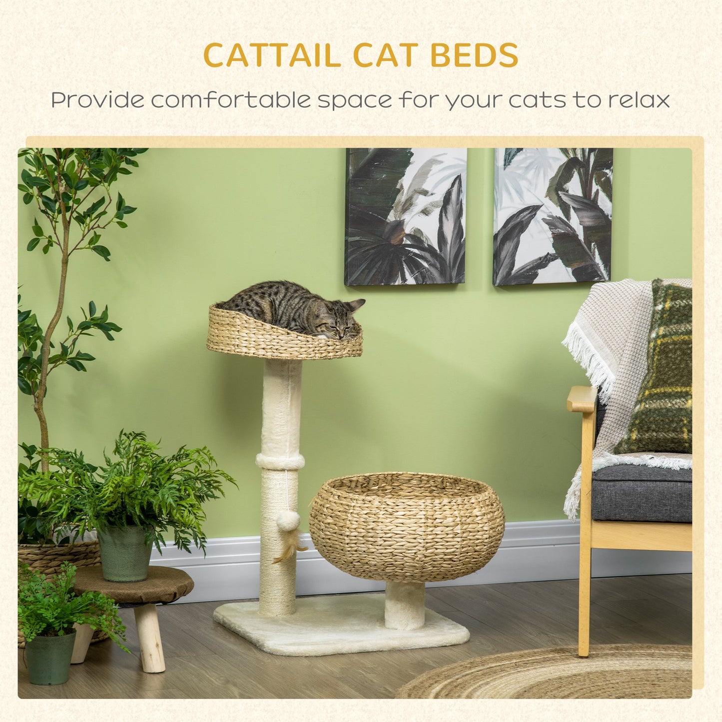 28" Cat Tree with Scratching Post, Cat Tower with Double Beds, Beige Cat Towers   at Gallery Canada