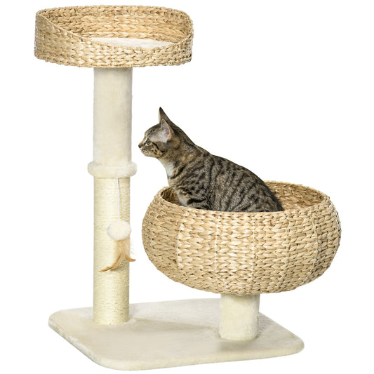 28" Cat Tree with Scratching Post, Cat Tower with Double Beds, Beige Cat Towers Beige  at Gallery Canada