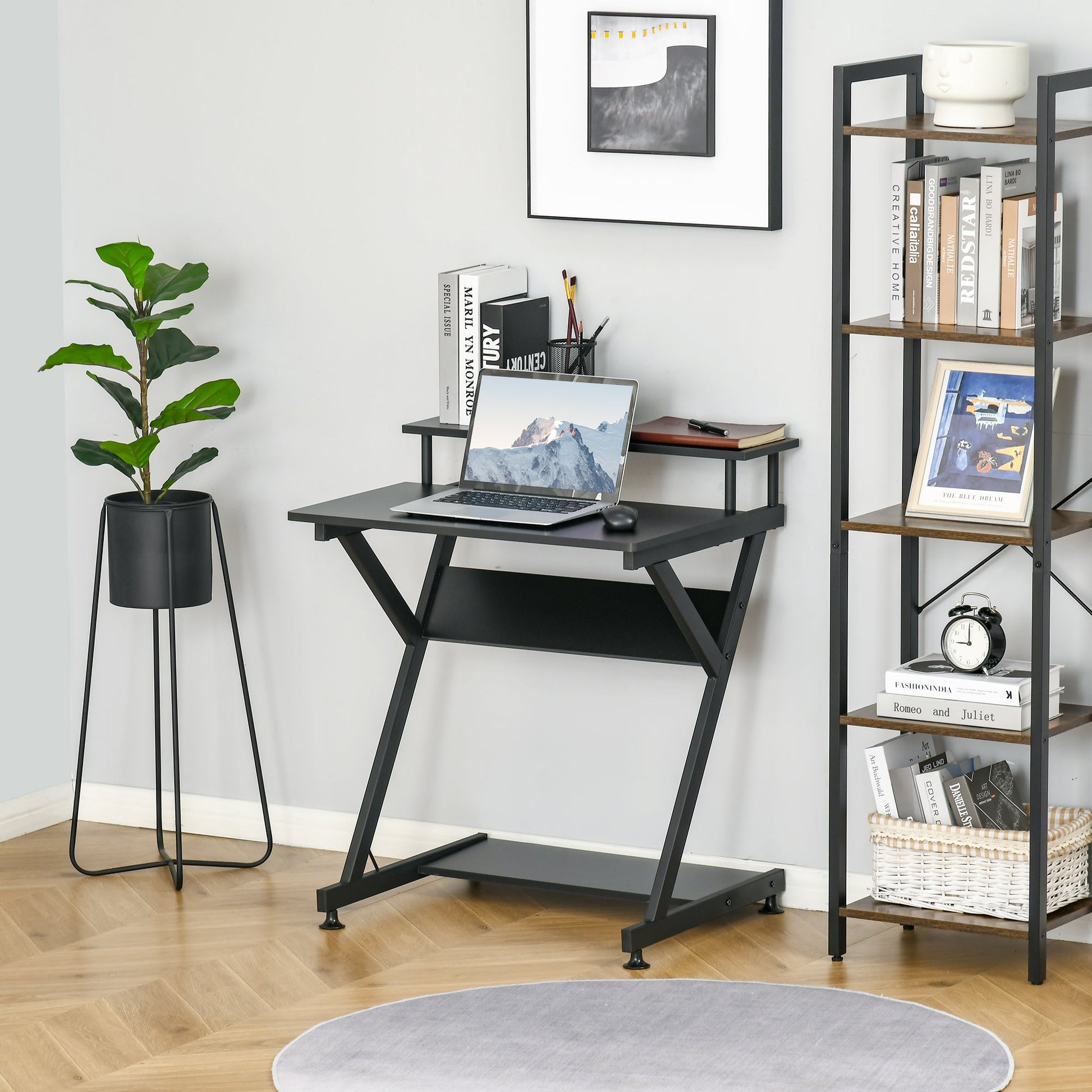 28" Compact Computer Desk, Industrial Z-Shaped Writing Desk with Monitor Shelf and Storage, Workstation for Home Office, Black Computer Desks   at Gallery Canada