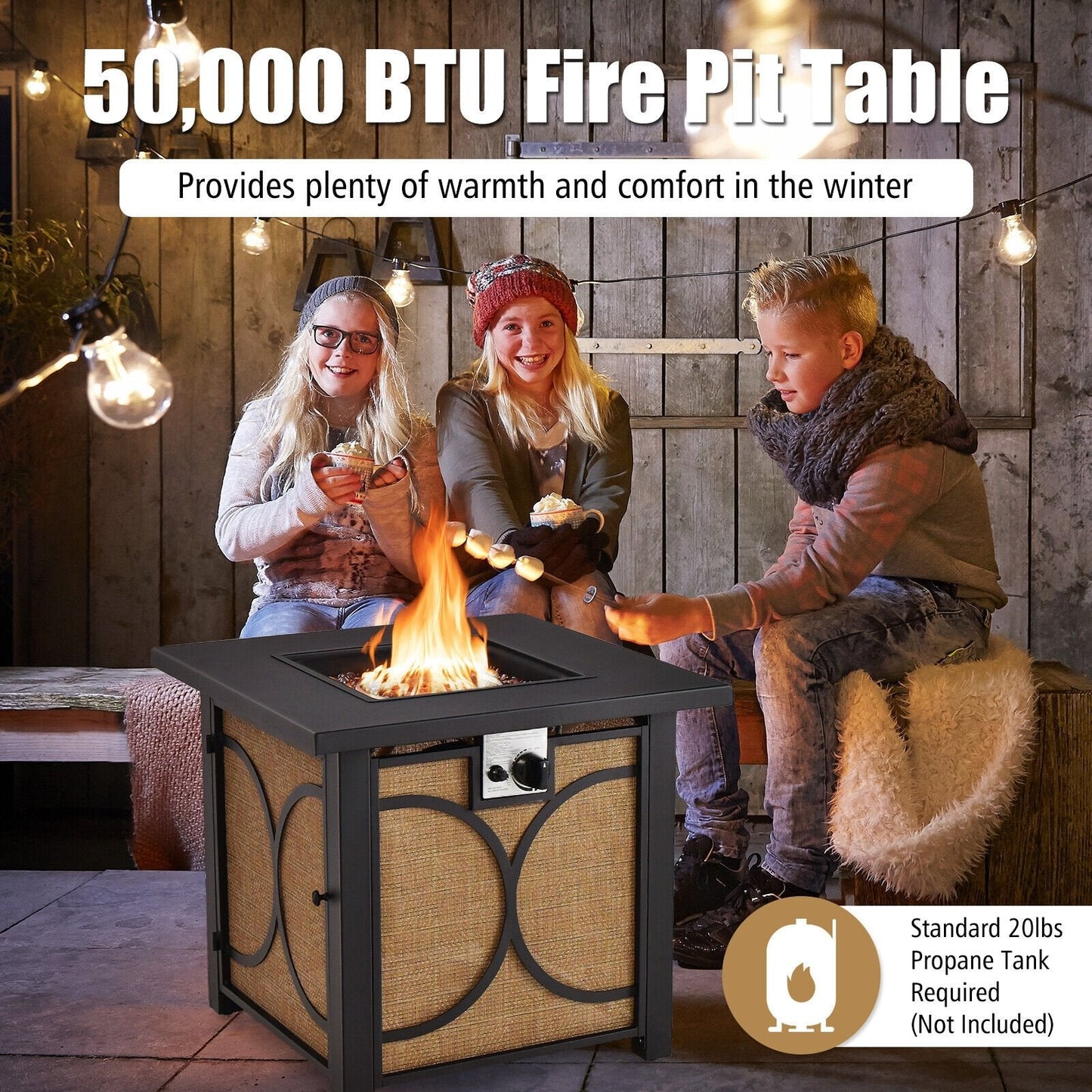 28 Inch 50000 BTU Outdoor Square Fire Pit Table with Cover, Black Fire Pit Tables   at Gallery Canada