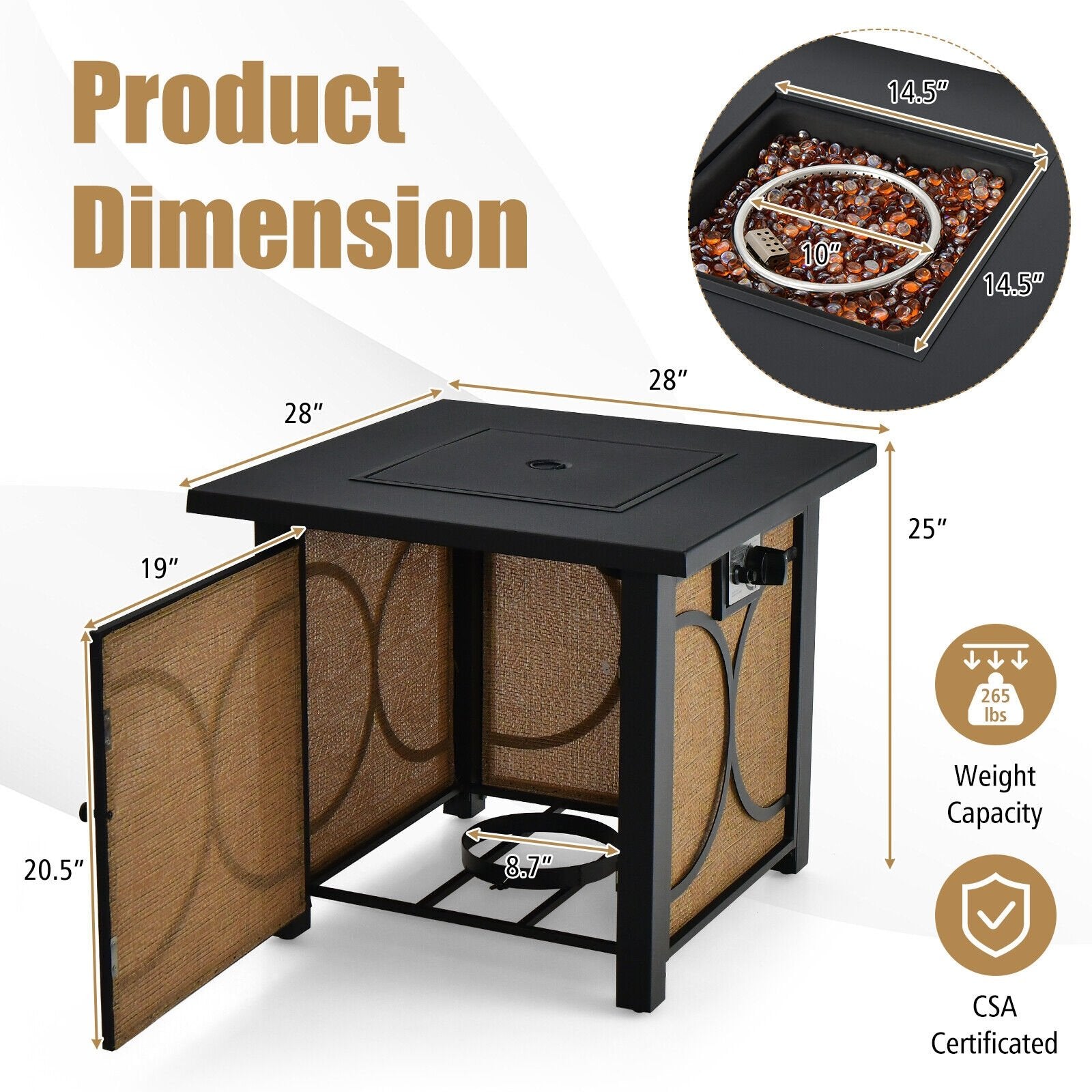 28 Inch 50000 BTU Outdoor Square Fire Pit Table with Cover, Black Fire Pit Tables   at Gallery Canada