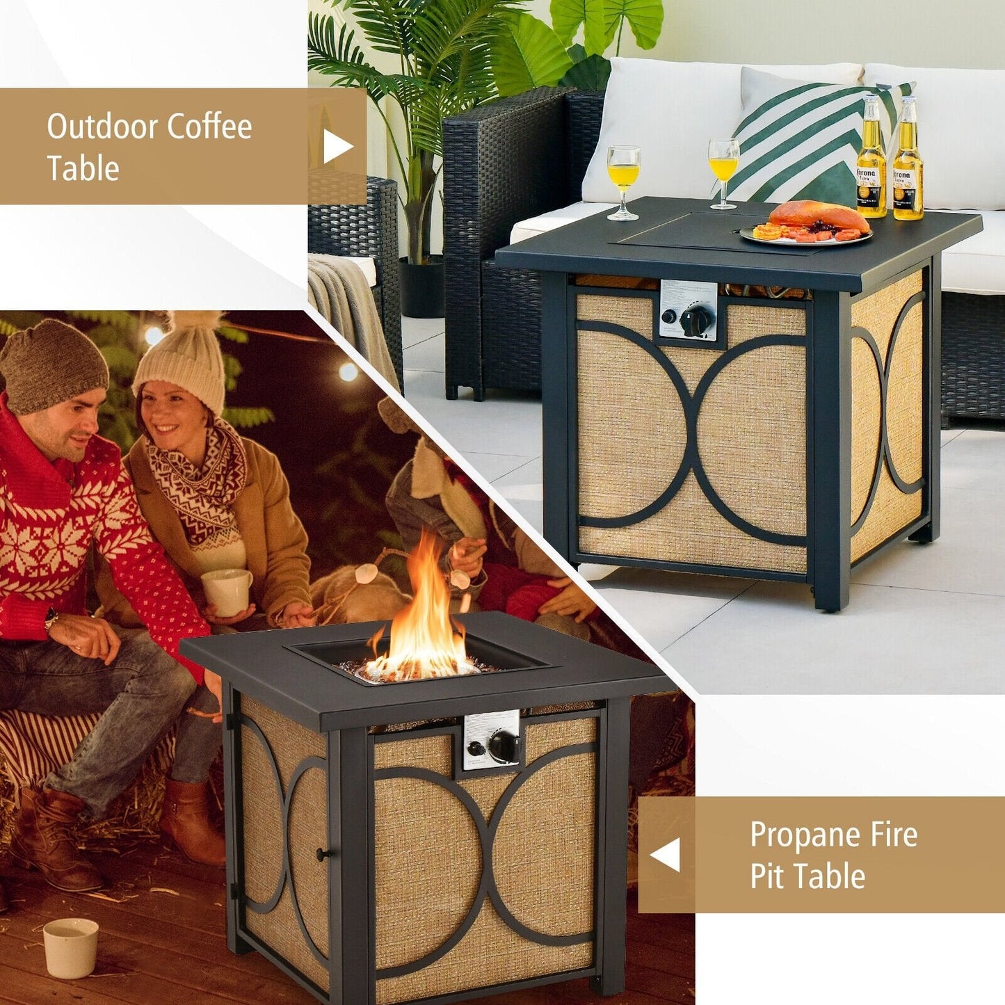 28 Inch 50000 BTU Outdoor Square Fire Pit Table with Cover, Black Fire Pit Tables   at Gallery Canada