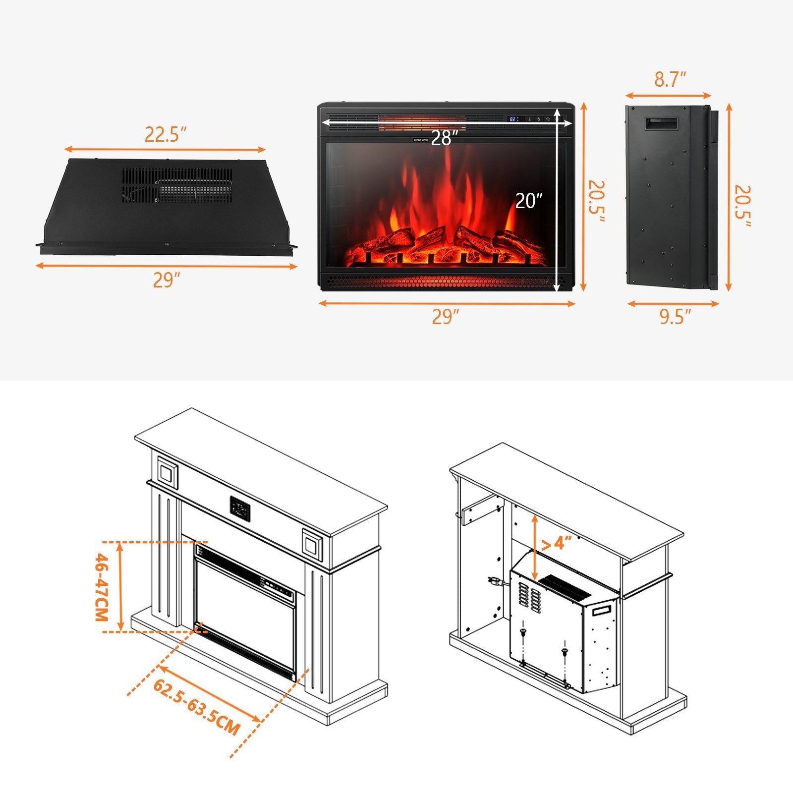 28 Inch Electric Freestanding and Recessed Fireplace with Remote, Black Fireplaces   at Gallery Canada