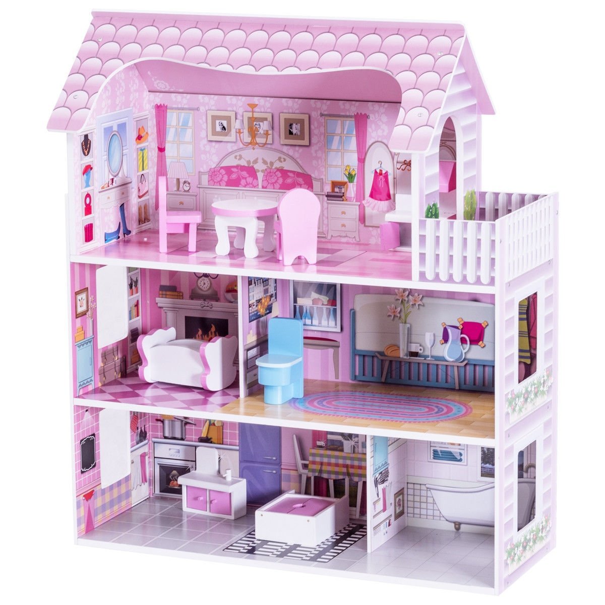 28 Inch Pink Dollhouse with Furniture, Pink Play Tents & Playhouse   at Gallery Canada