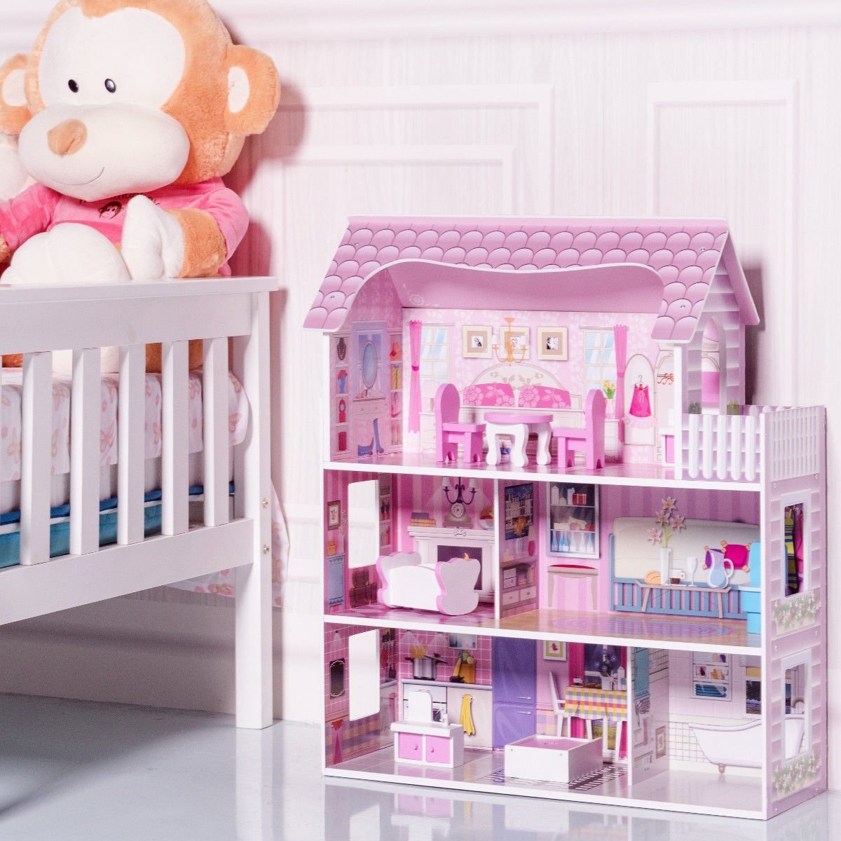 28 Inch Pink Dollhouse with Furniture, Pink Play Tents & Playhouse   at Gallery Canada