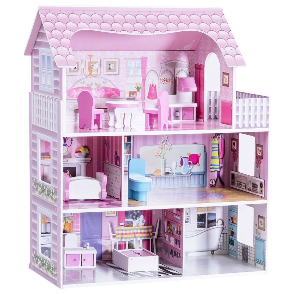 28 Inch Pink Dollhouse with Furniture, Pink Play Tents & Playhouse   at Gallery Canada