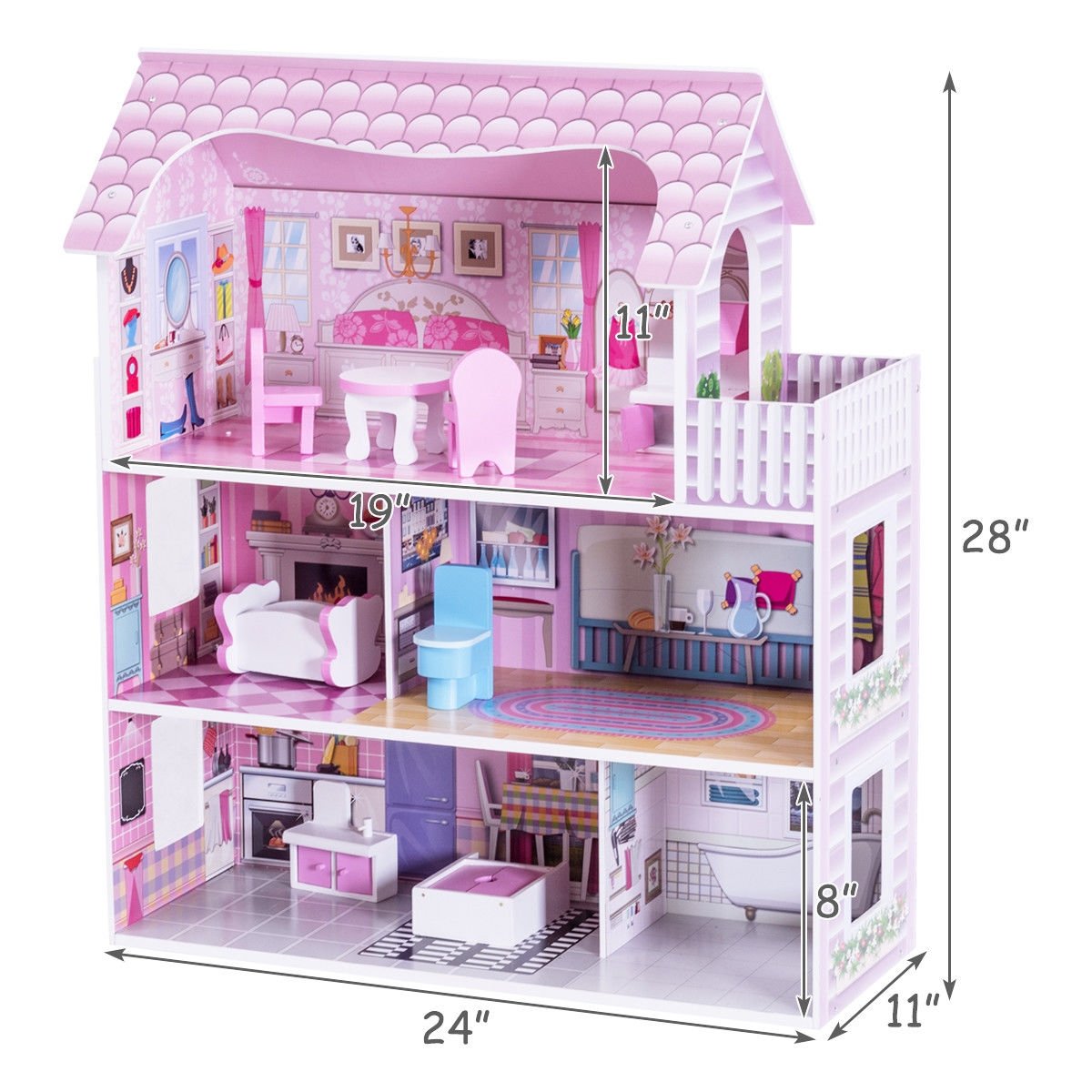 28 Inch Pink Dollhouse with Furniture, Pink Play Tents & Playhouse   at Gallery Canada