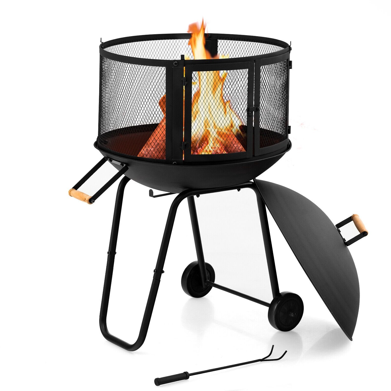 28 Inch Portable Fire Pit on Wheels with Log Grate, Black Fire Pits   at Gallery Canada