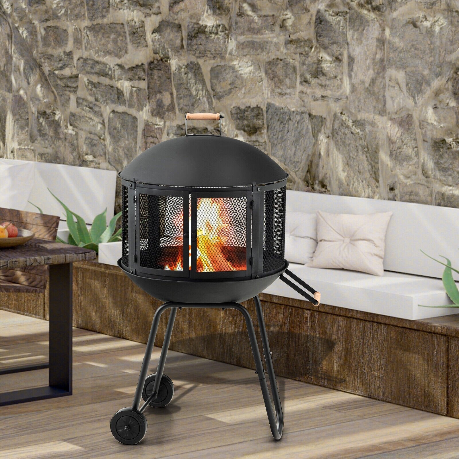 28 Inch Portable Fire Pit on Wheels with Log Grate, Black Fire Pits   at Gallery Canada