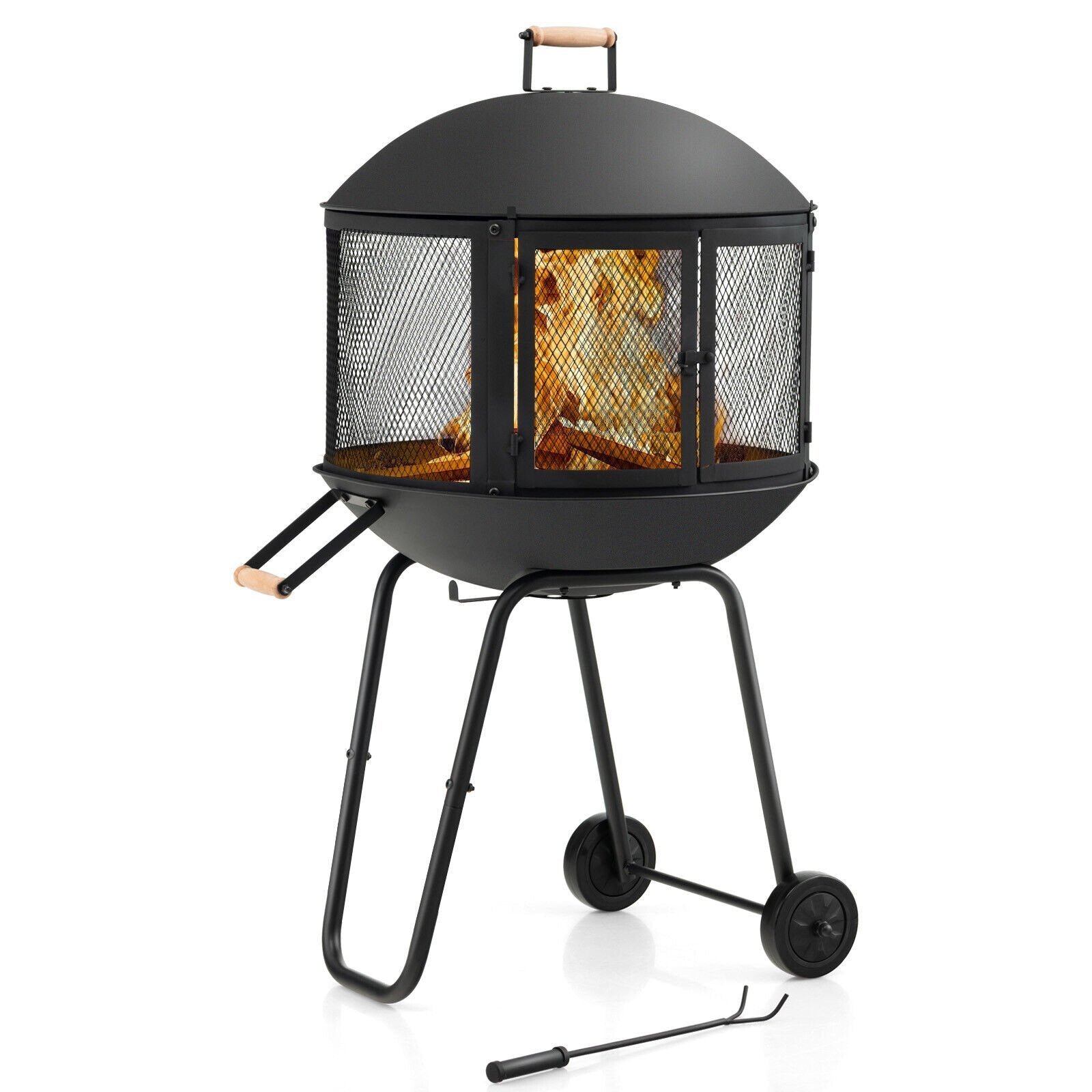 28 Inch Portable Fire Pit on Wheels with Log Grate, Black Fire Pits   at Gallery Canada