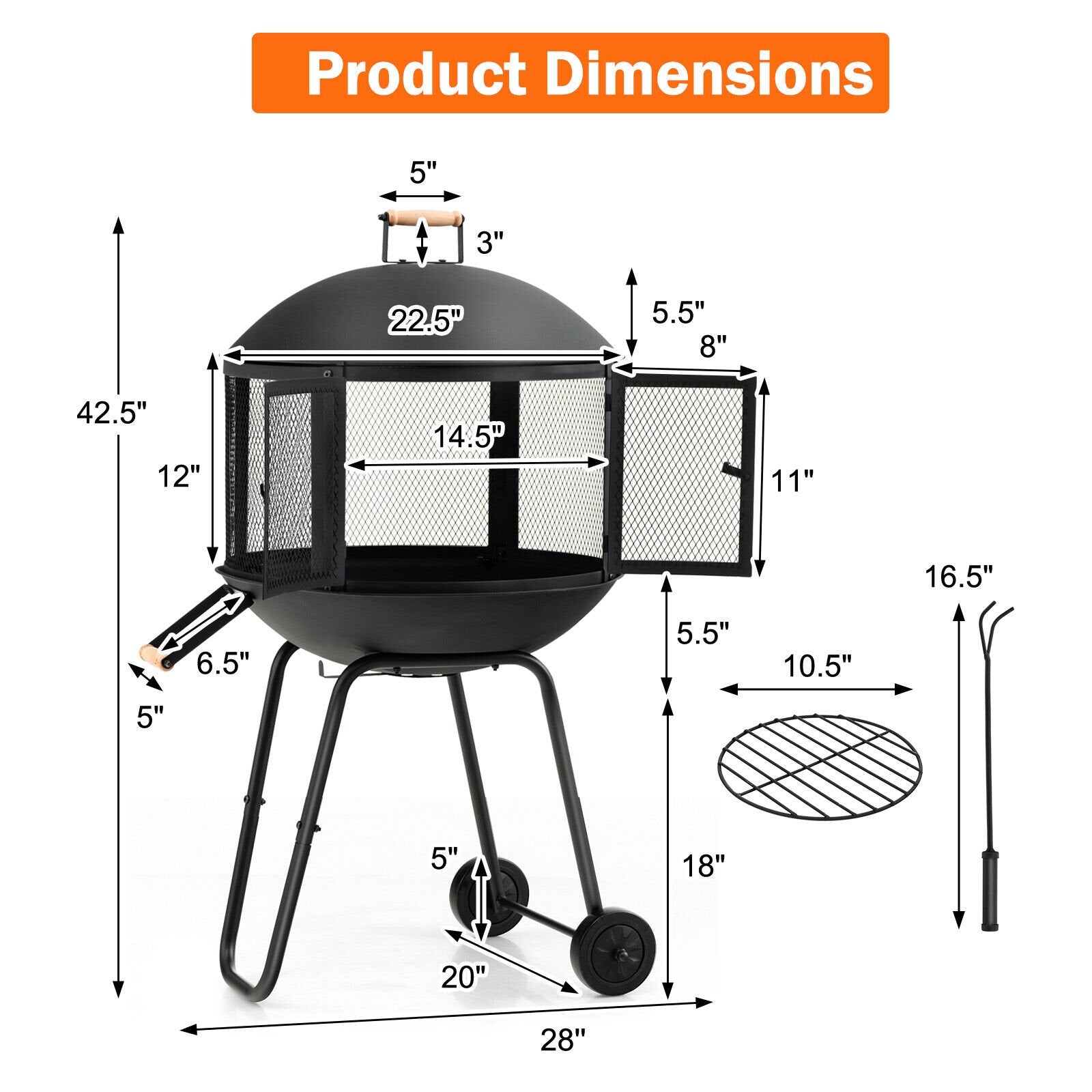 28 Inch Portable Fire Pit on Wheels with Log Grate, Black Fire Pits   at Gallery Canada