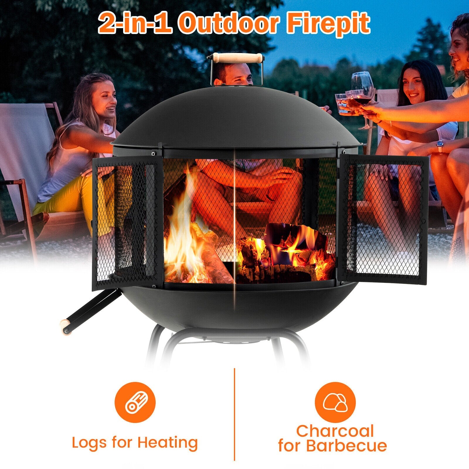 28 Inch Portable Fire Pit on Wheels with Log Grate, Black Fire Pits   at Gallery Canada