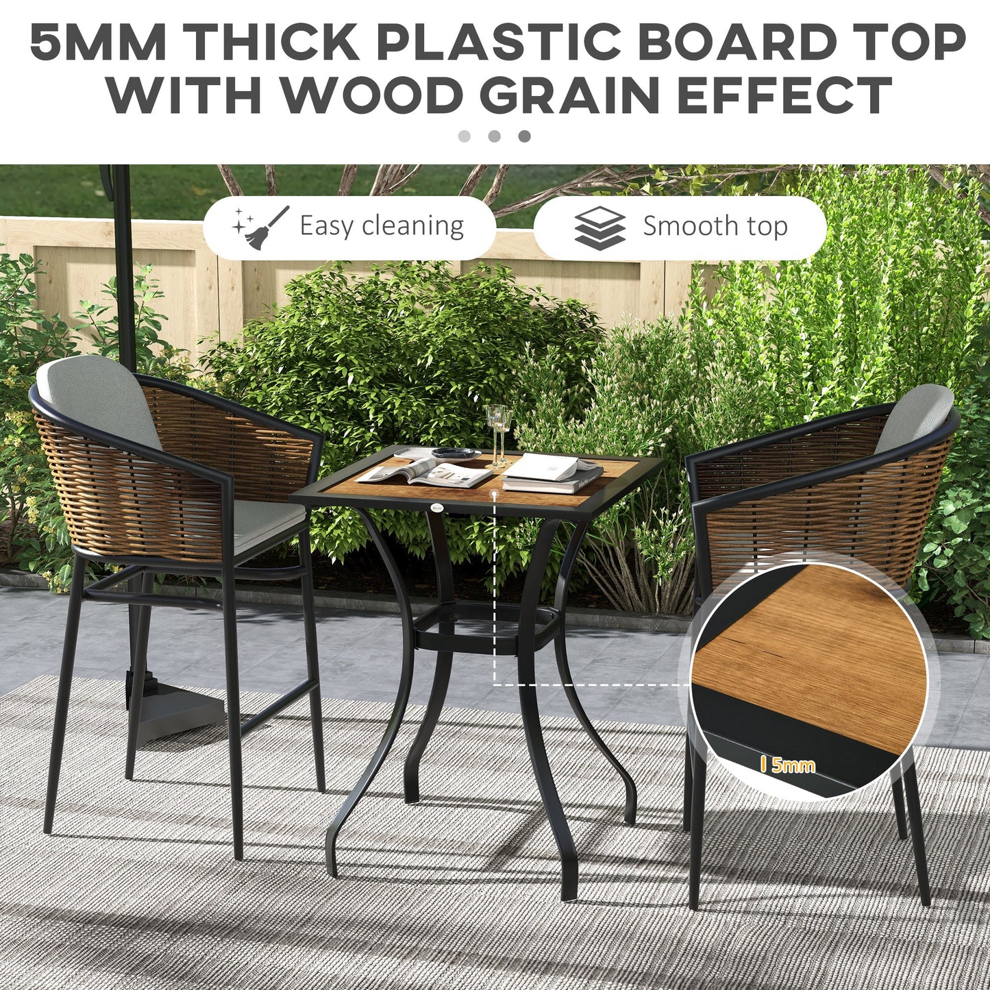 28" Outdoor Bar Table, Patio Furniture with Metal Frame Square Garden Table with Plastic Board w/ Wood Grain Effect, Brown Patio Dinning Tables   at Gallery Canada