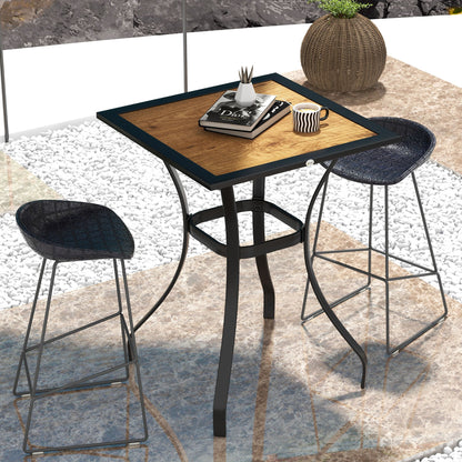 28" Outdoor Bar Table, Patio Furniture with Metal Frame Square Garden Table with Plastic Board w/ Wood Grain Effect, Brown Patio Dinning Tables   at Gallery Canada