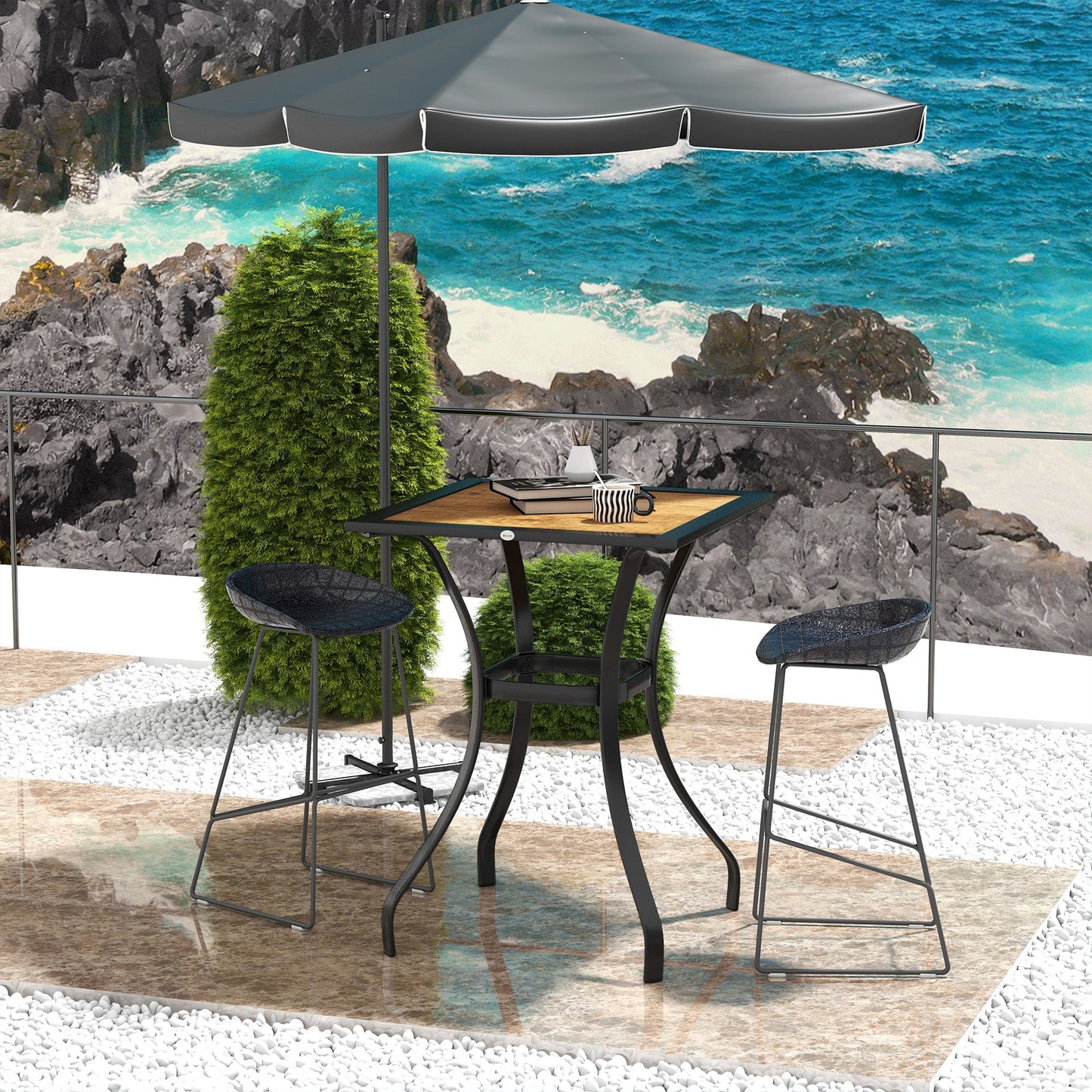 28" Outdoor Bar Table, Patio Furniture with Metal Frame Square Garden Table with Plastic Board w/ Wood Grain Effect, Brown Patio Dinning Tables   at Gallery Canada