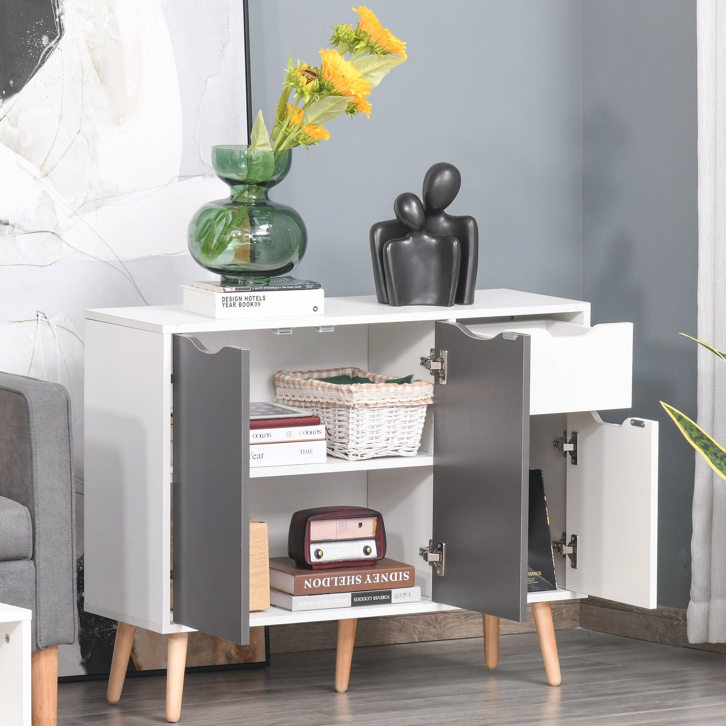 28" Sideboard Floor Standing Storage Cabinet with Drawer Solid Frame for Living Room, Home Office, Grey Bar Cabinets   at Gallery Canada