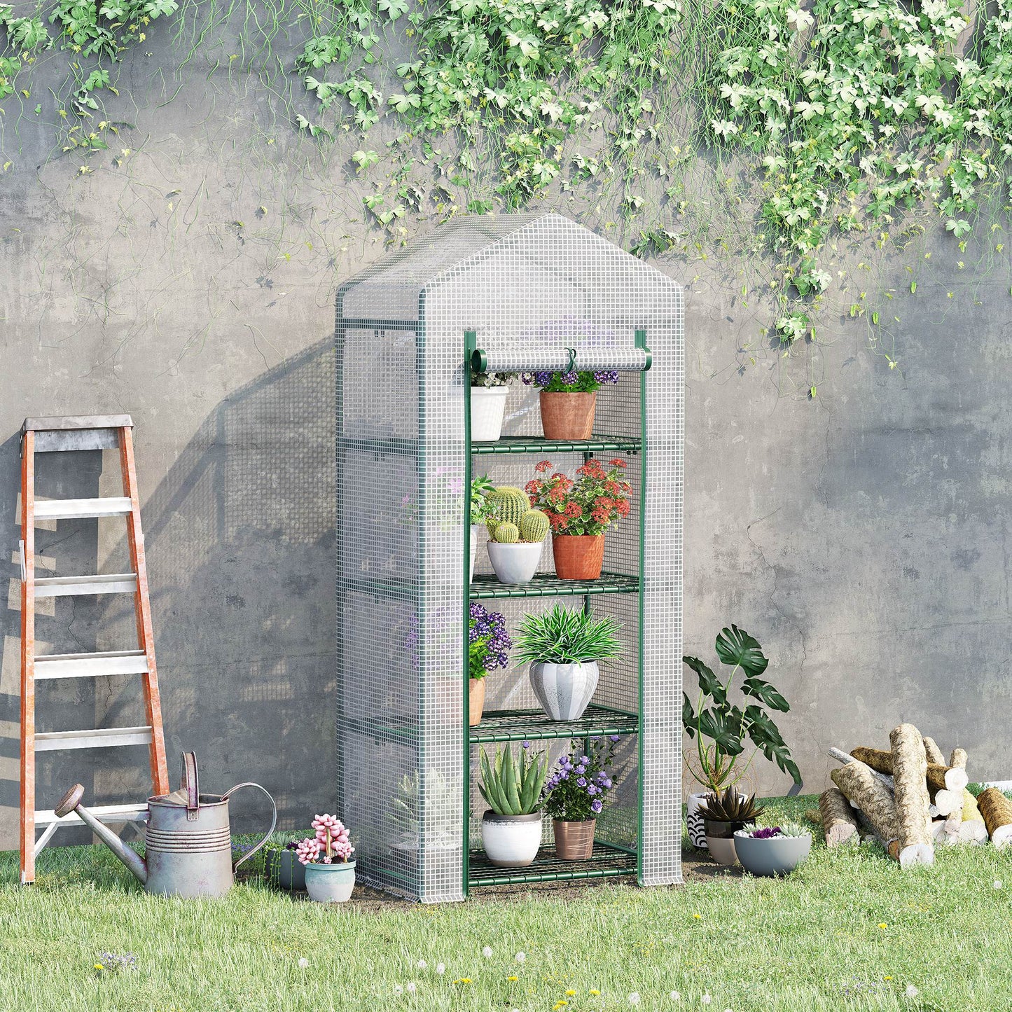 28" x 20" x 63" Portable Greenhouse with 4 Tier Shelves Outdoor Hot House Plant Flower Greenhouse, Steel Frame, PE Cover, White Walk In Greenhouses   at Gallery Canada