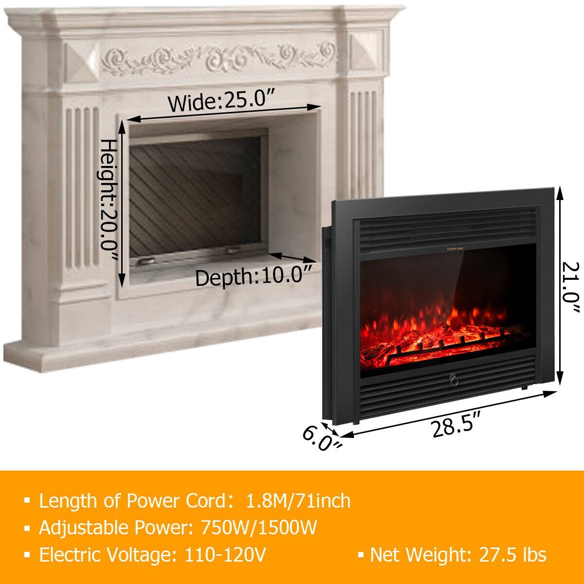 28.5 Inch Electric Fireplace Recessed with 3 Flame Colors, Black Fireplaces   at Gallery Canada