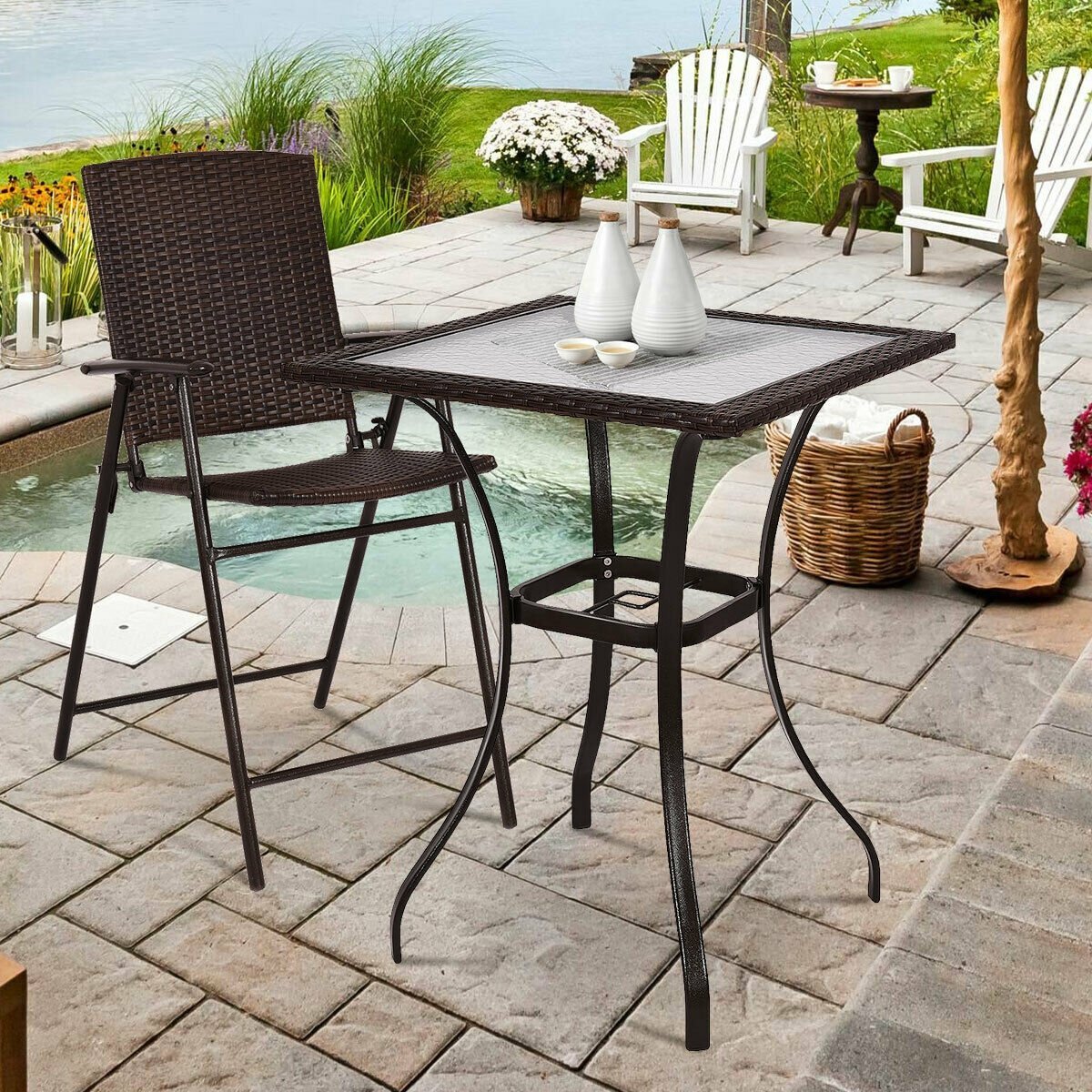 28.5 Inch Outdoor Patio Square Glass Top Table with Rattan Edging, Brown Patio Bar Furniture   at Gallery Canada